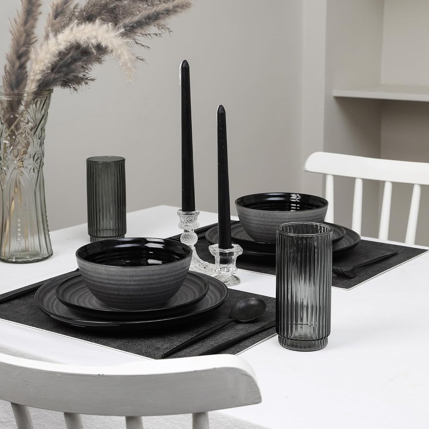 Stone Lain Dua 16-Piece Dinnerware Set Stoneware, Borosilicate Glass, Black