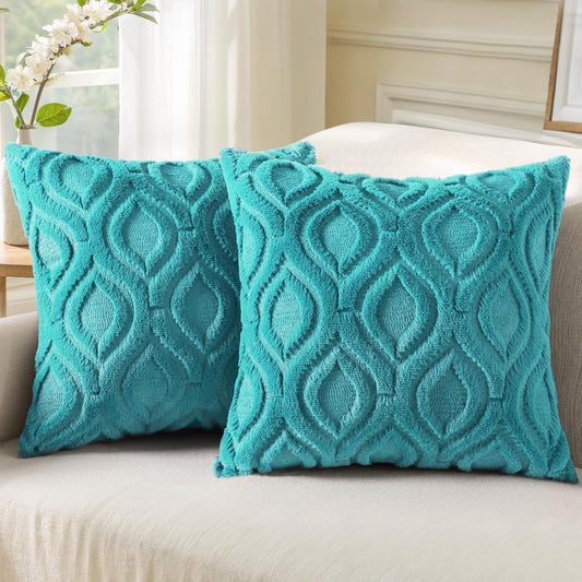decorUhome Fall Throw Pillow Covers 18x18 Inch Set of 2, Soft Plush Decorative Faux Fur Turquoise Solid Couch Pillow Covers, Accent Farmhouse Neutral Square Euro Pillow Cases for Sofa Bed Living Room