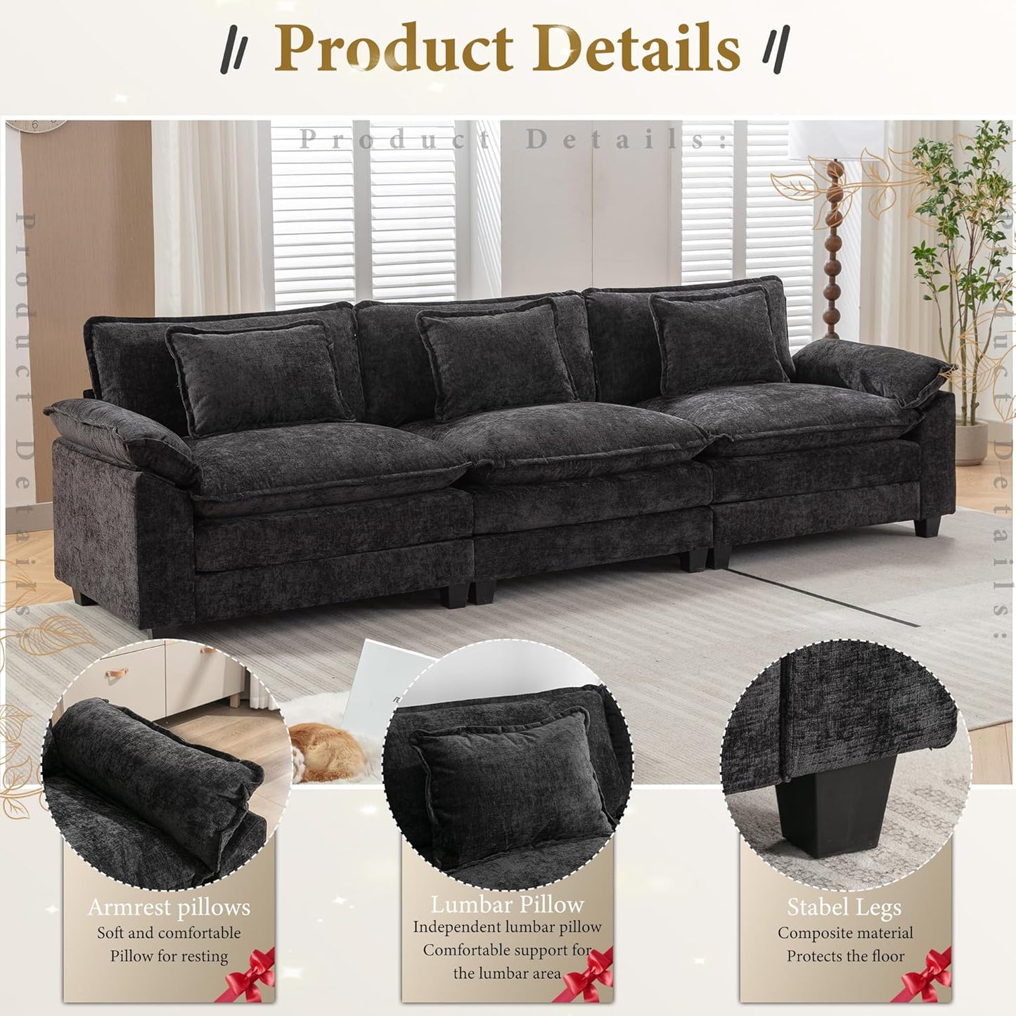 URRED Modular Sectional Sofa Comfy Cloud Couch, Modern Chenille Sofa Sleeper Deep Seat Couches with Ottoman/Pillows for Living Room (Black, 117'')