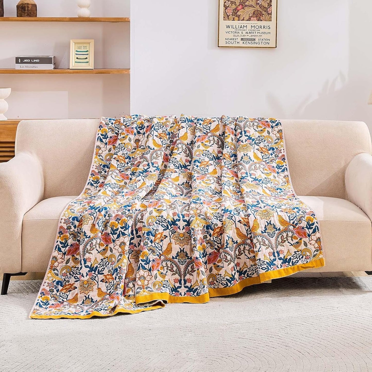 Boho Blanket Throw Quilt, 100% Cotton Soft Light Weight Throw Blankets for Summer, 60"x80" Farmhouse Flower Decorative Blankets, All Season Rustic Reversible Bohemian Throw Quilt