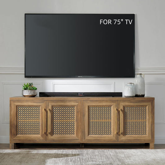 JYED Mid Century Modern TV Stand for TVs up to 75 Inch, with Hollow Metal Mesh Decorated，Boho TV Console with Storage Cabinet,Cable Holes, TV Stand for Living Room, 69.5"x15.6"x24.8", Rustic