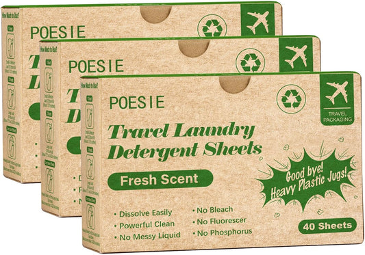 Poesie Travel Liquidless Laundry Detergent Sheets Portable Laundry Strips Travel Dorm Home Fresh Scent 3 Box Total 120 Sheets
