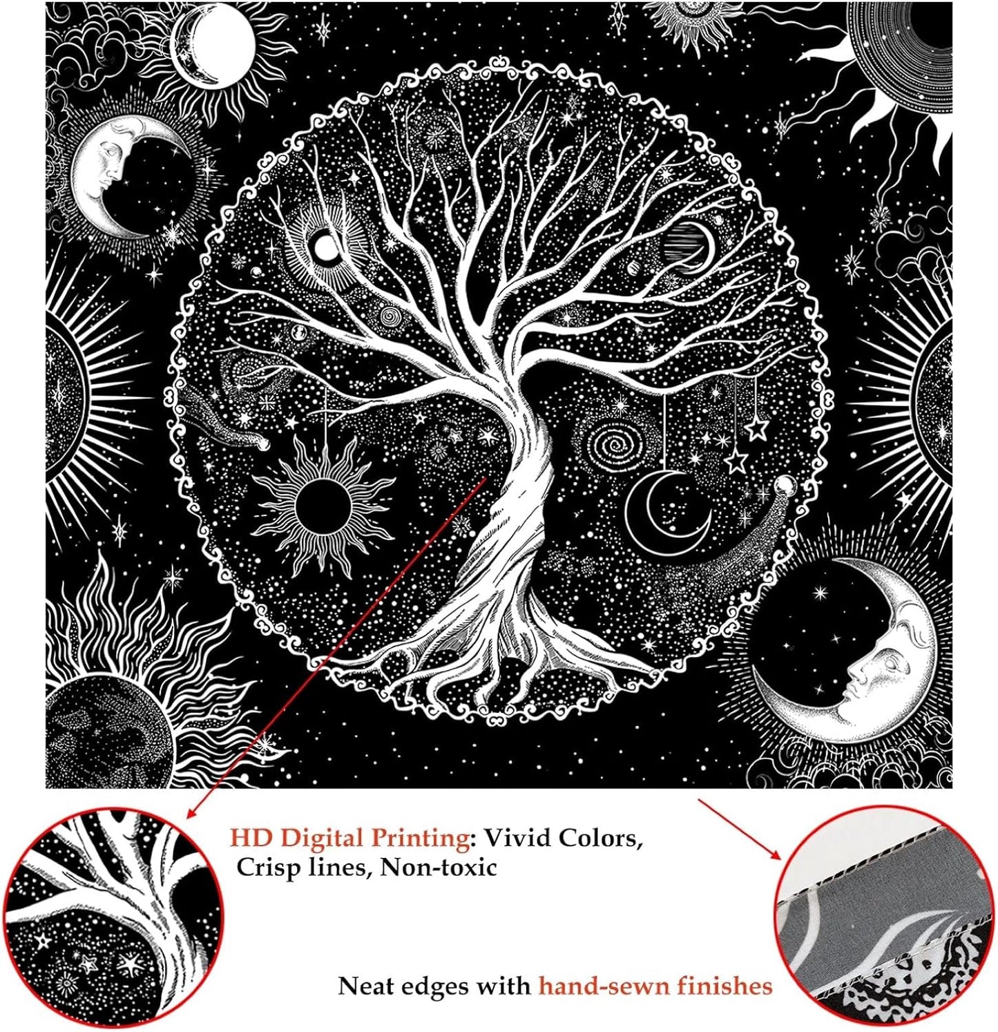 AACKart Tree of Life Tapestry for Bedroom Aesthetic Room Decor-Black and White Spiritual Tree Tapestry Wall Hanging with Sun Moon Star 78.7×59.1 inches
