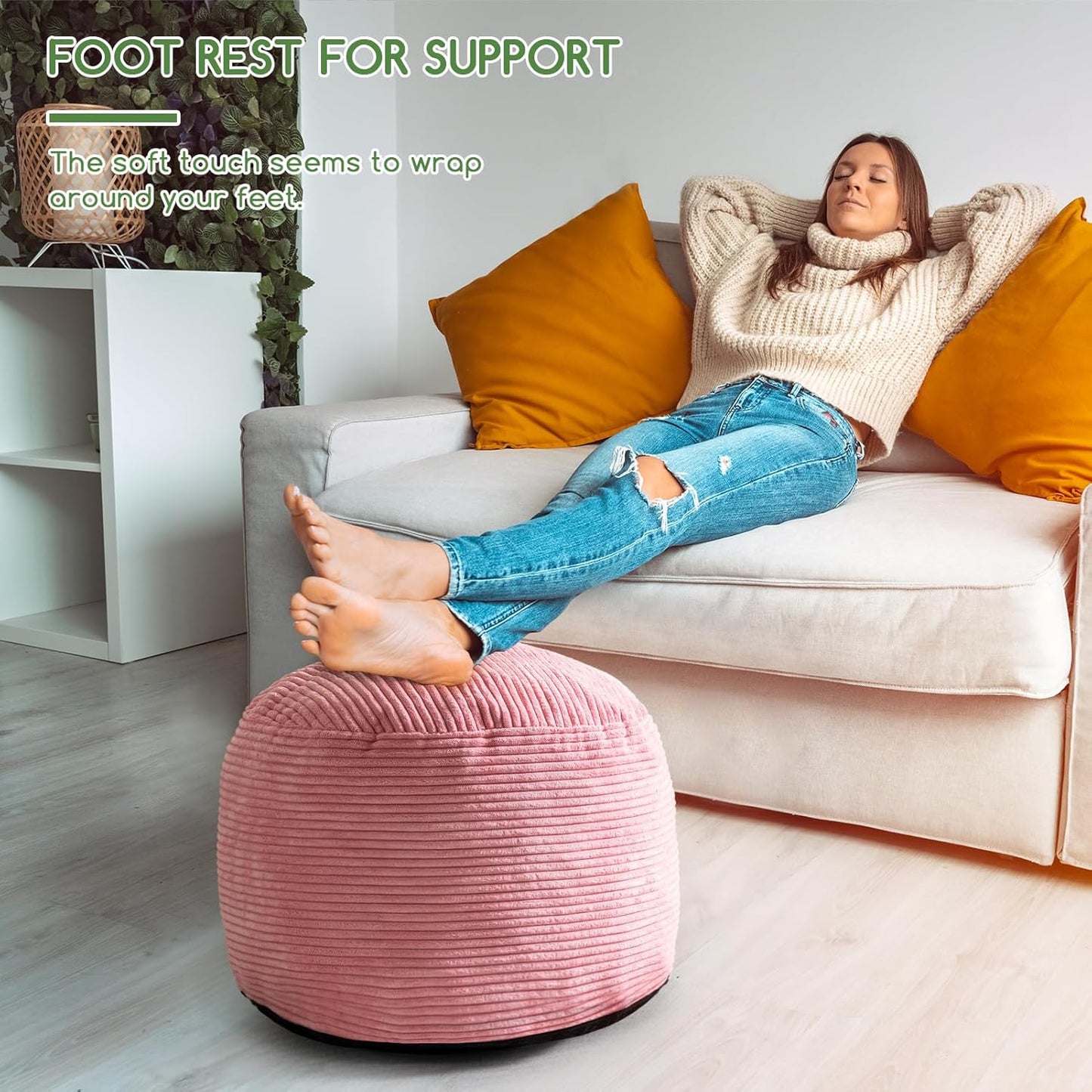HIGOGOGO Round Stuffed Pouf Ottoman, Corduroy Poufs with Foam Chunk Filling, Furry and Fluffy Pouf Foot Stool Storage Ottoman, 20 X 15 Floor Poufs Foot Rest for Living Room, Pink