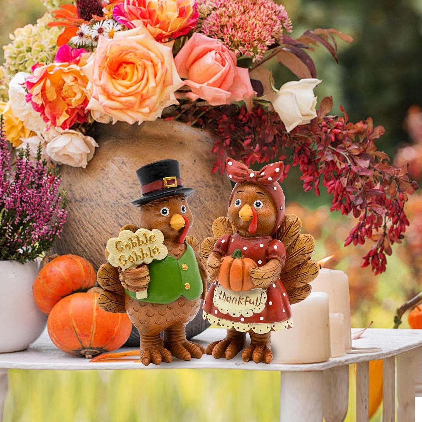 Thanksgiving Turkey Decor - 2Packs Resin Turkey Couple Standing Figurines Thanksgiving Decorations- Fall Decor Indoor for Tables Centerpieces Harvest Farmhouse Kitchen