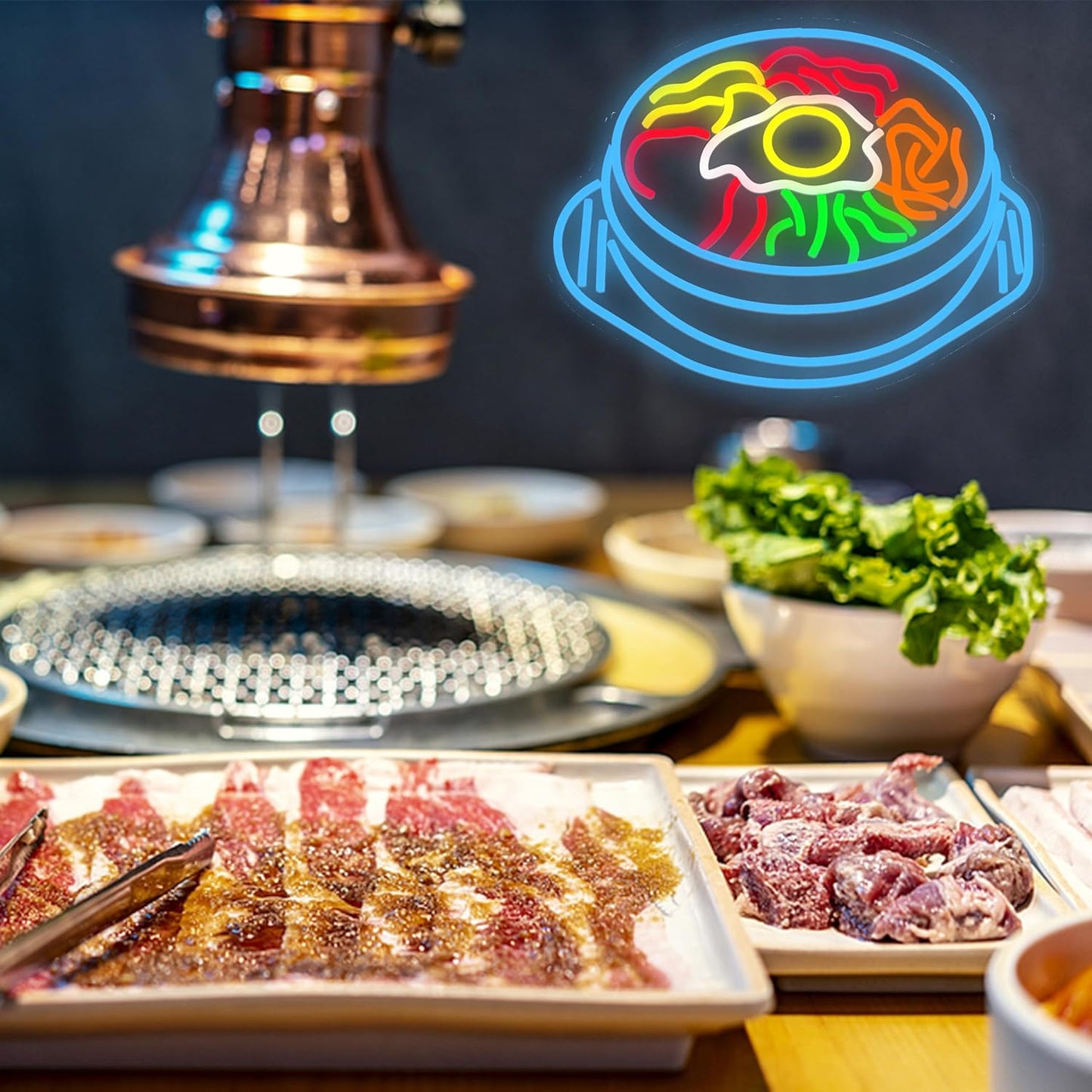 LISIGNVE Bibimbap Neon Sign USB Korean Food Led Light Up Sign Korean Bibimbap Neon Light for Restaurant Kitchen Diner Room Business Wall Decor(16.5”*12.6”)
