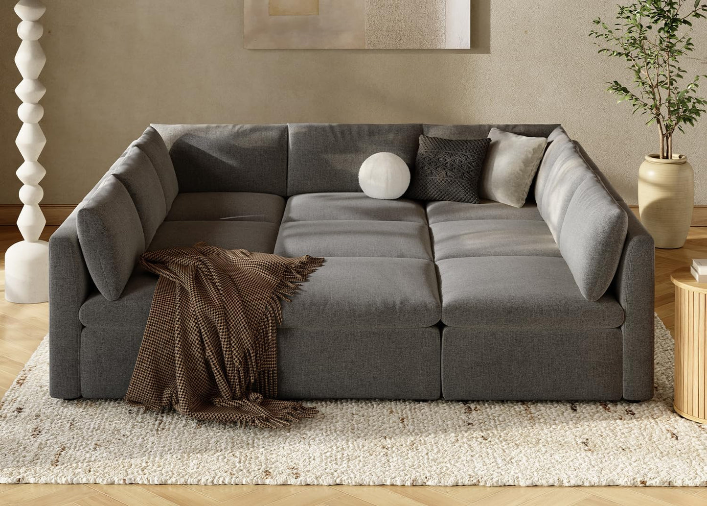 mopio Oversized Modular Sectional Sofa with Fully Removable Covers and Storage, Convertible U, L-Shaped and Sleeper Sectional, Modern Couches with Ottoman Chaise (Stone Gray Fabric, 9 Seats, Sleeper)