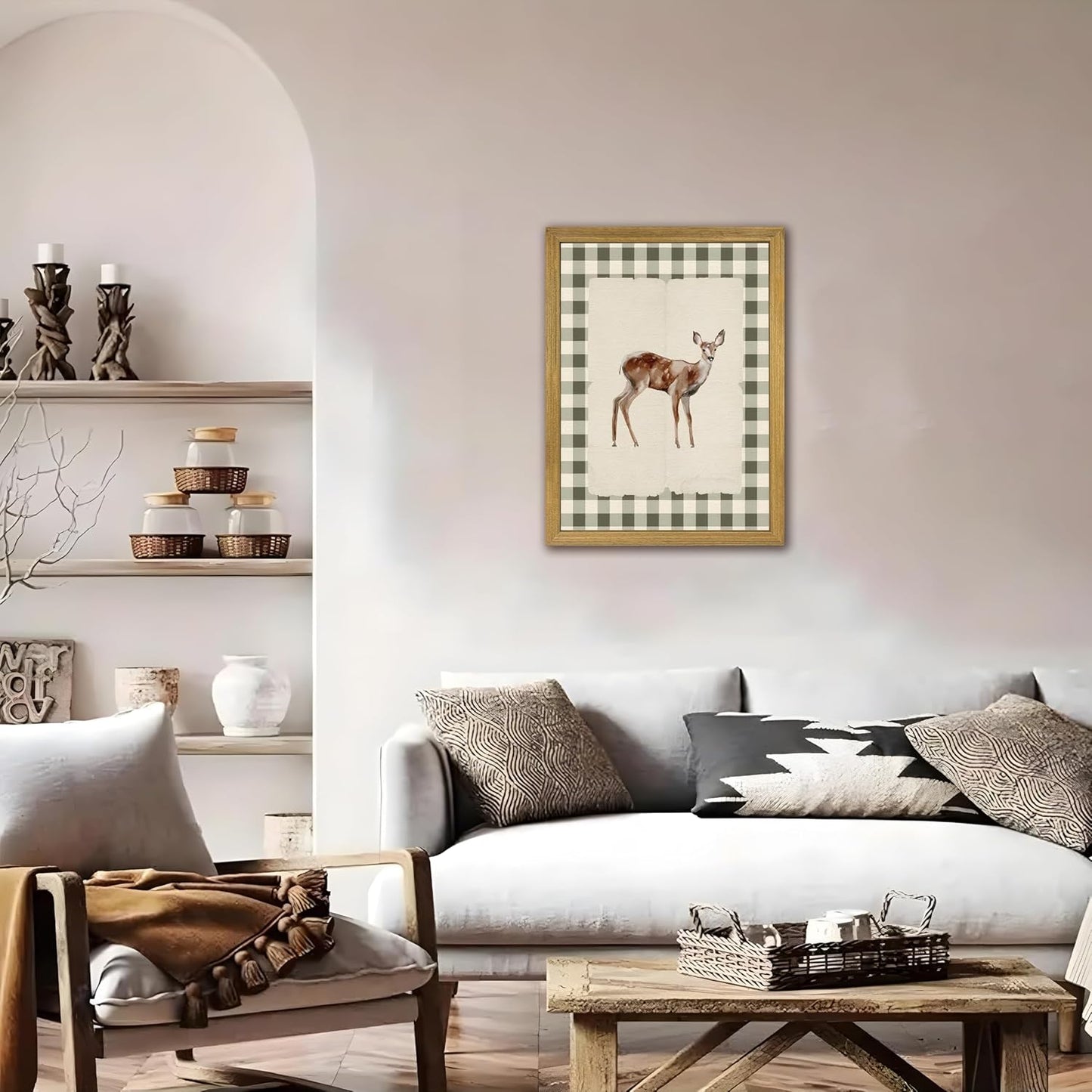 Wood Framed Deer Wall Art Print, Woodland Baby Deer Canvas Poster Wall Decor, Vintage Rustic Green Gingham Farmhouse Animal Picture for Living Room Kitchen Bedroom Nursery Decor, 12x16 inch