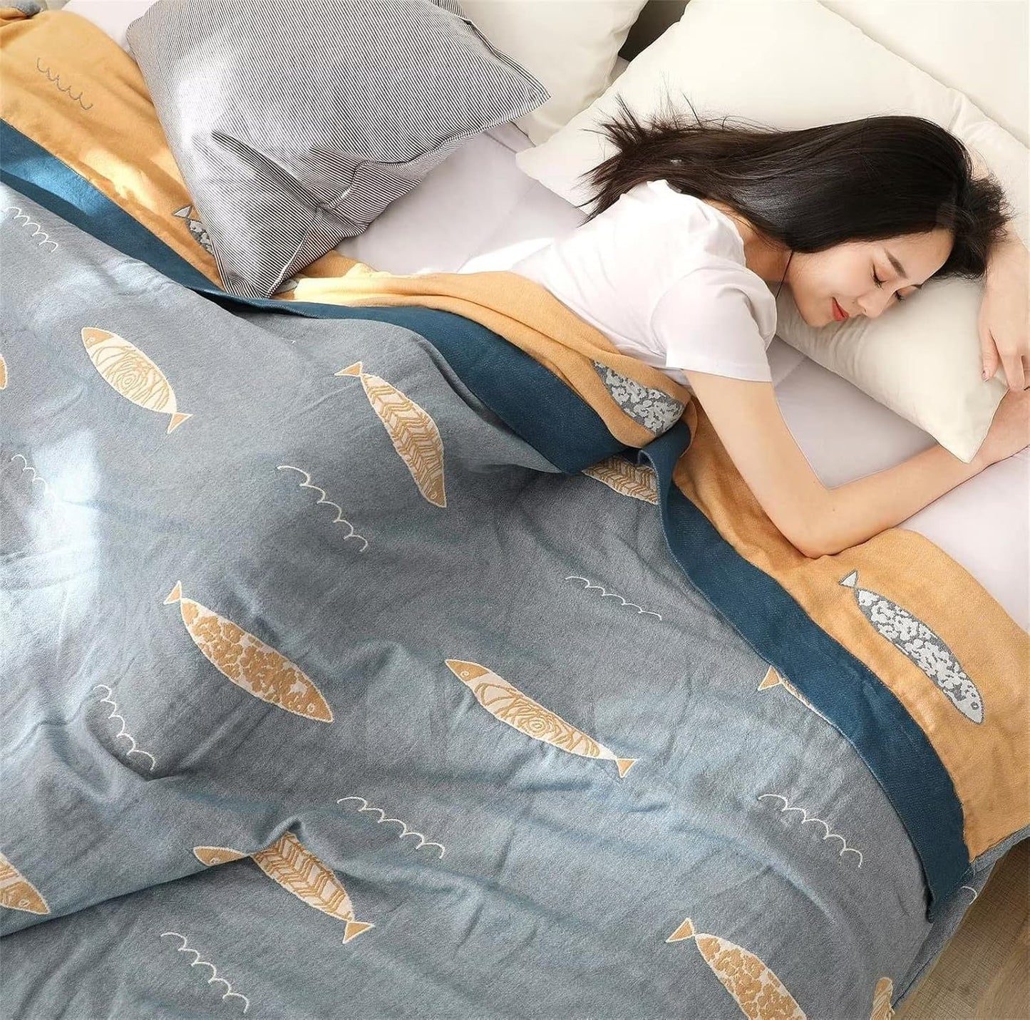 MSGKV Boho Throw Blanket 100% Cotton Woven Throw Blanket for Couch Sofa Bed Double Sided Knit Warm Blanket Cover Sheet Reversible Wearable Summer Blankets, 60''Wx 80''L