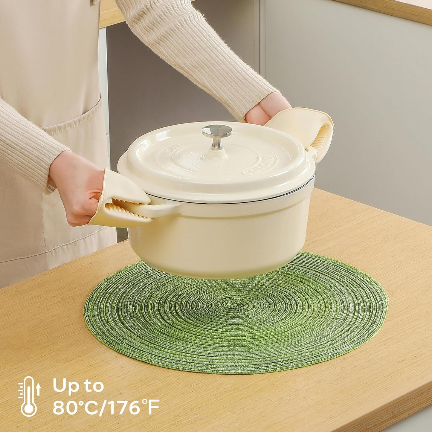 Leetaltree Round Placemats Heat and Slip Resistant Cotton Table Mats, Washable Bohemian Placemats for Dining Tables (Sage Green, Set of 6)