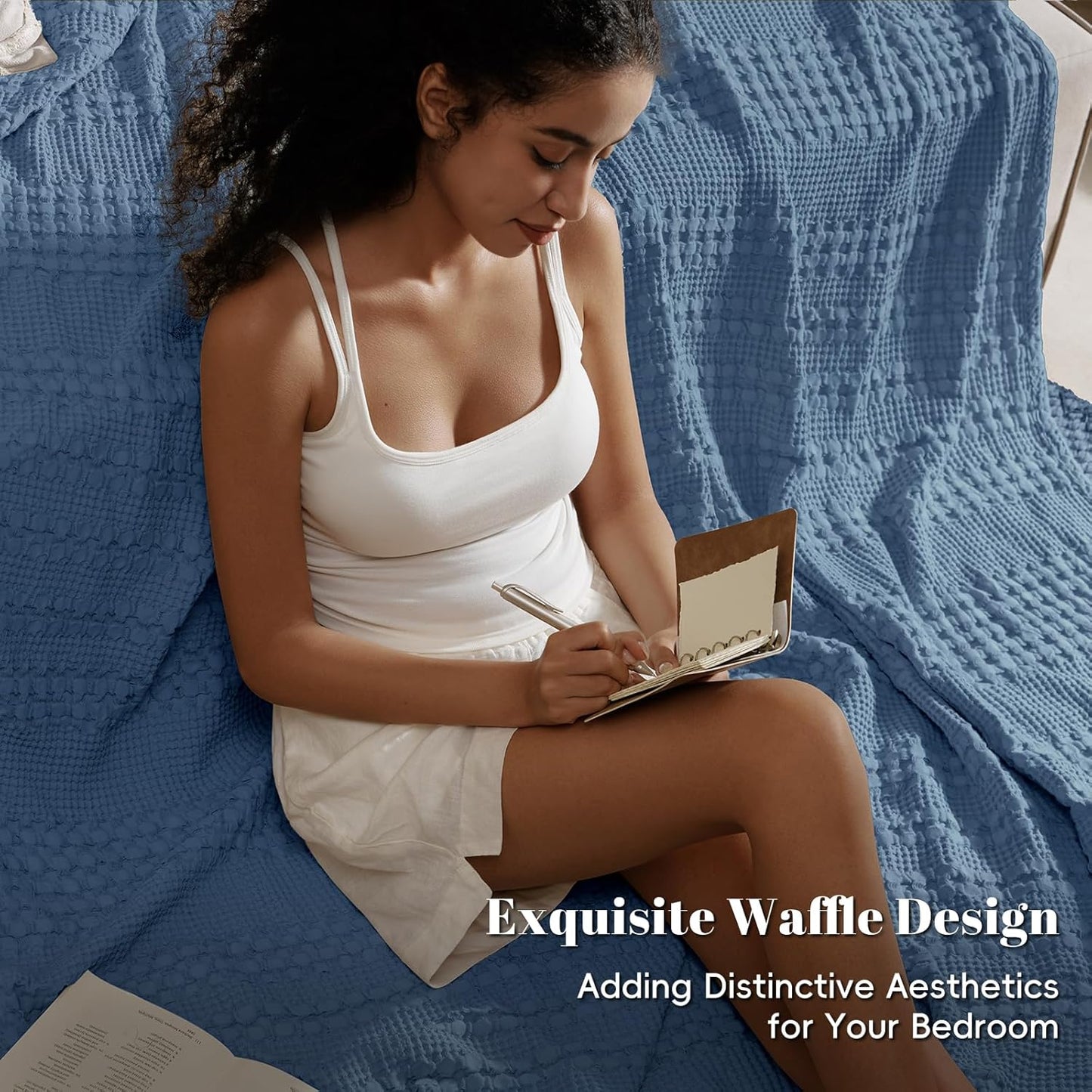 PHF 100% Cotton Waffle Weave Blanket Twin Size, Soft Lightweight Breathable Cozy Summer Blankets for Bed, Luxury Aesthetic Woven Bedding for Home Decor, 66"x90", Captain's Blue