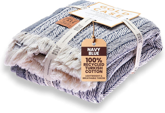 Gold Case Throw Blanket for Couch – 100% Recycled Turkish Cotton Blankets & Throws – Elegant Decorative Throw Blankets for Living Room Sofa – Woven Throws for Couch – Vintage Navy Blue – 60x80