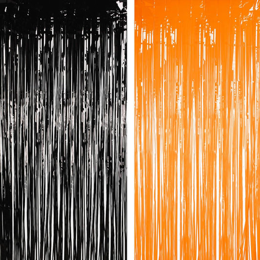BRAVESHINE 1 Black 1 Orange Tinsel Photo Backdrop Curtains - 3.2x8.2ft Foil Fringe Streamer Curtain for Birthdays, Halloweens, Graduations, Pumpkin, Home, Indoor or Outdoor Party Supplies Decorations