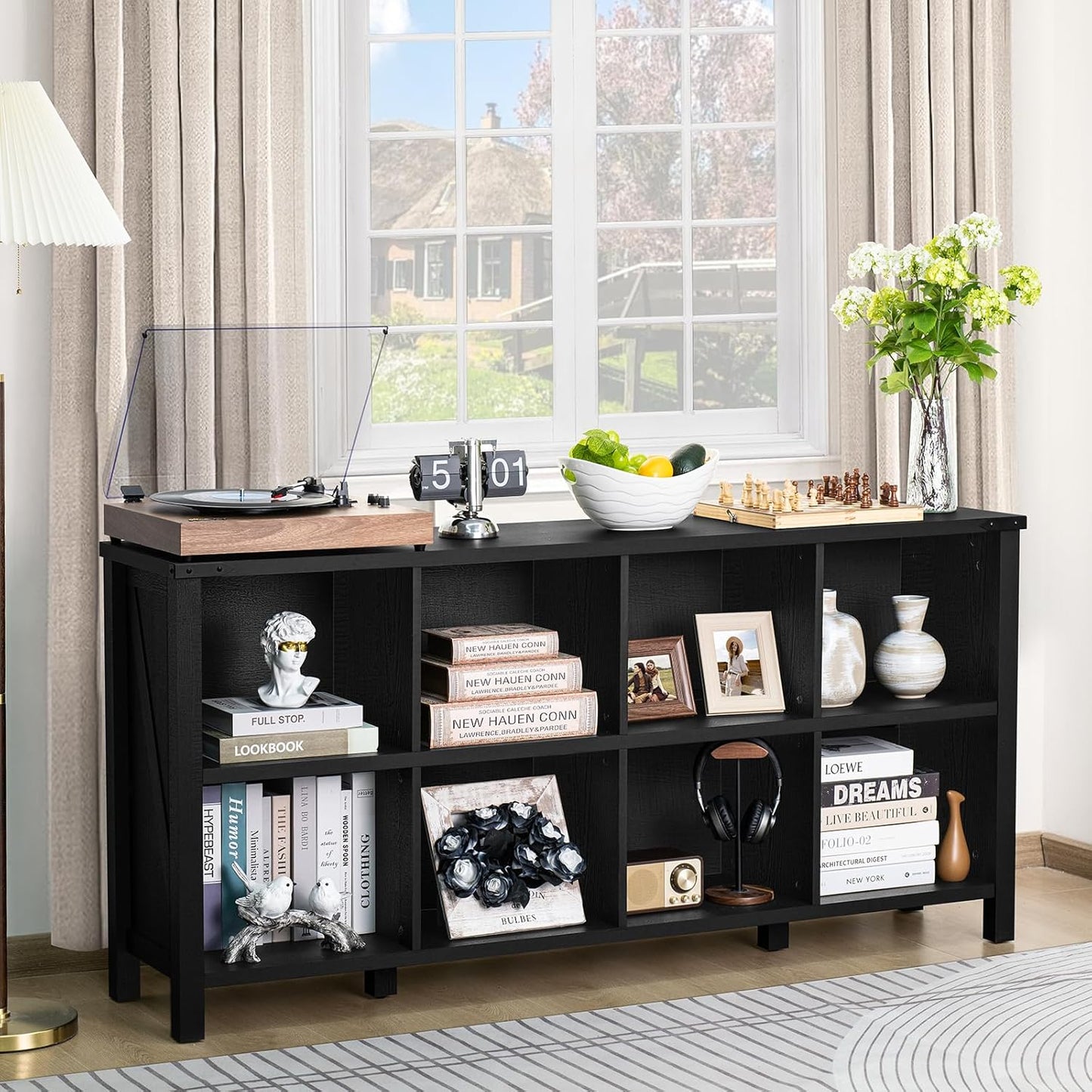 8 Cube Book Shelf, Farmhouse Wood Long Storage Organizer Bookcase, 62" Horizontal Black Console Closet Bookshelf, Hallway TV Stand for Entryway, Display Cabinet Book Case for Living Room