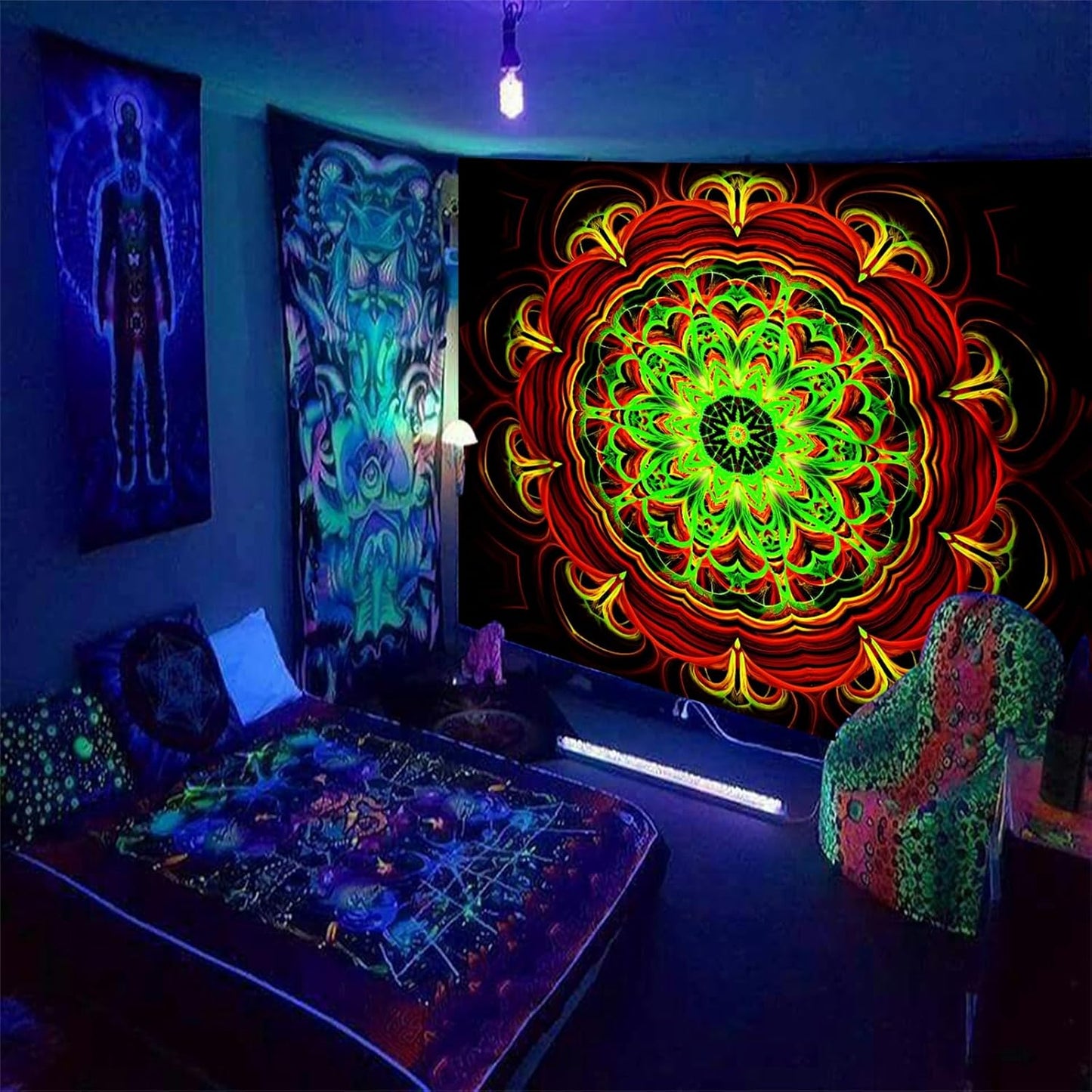 Blacklight Mandala Tapestry Wall Hanging, Psychedelic Black Light Posters for Adults and Teens, UV Reactive Aesthetic Golden Art for Bedroom (60 x 50 Inches)