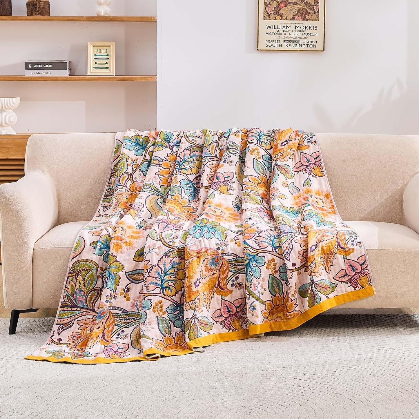 Boho Throw Blanket for Bed, 100% Cotton Soft Rustic Quilt Fall Blanket, 80"x90" Floral Printed Farmhouse Decor Bed Blankets, All Season Rustic Reversible Bohemian Throw Quilt