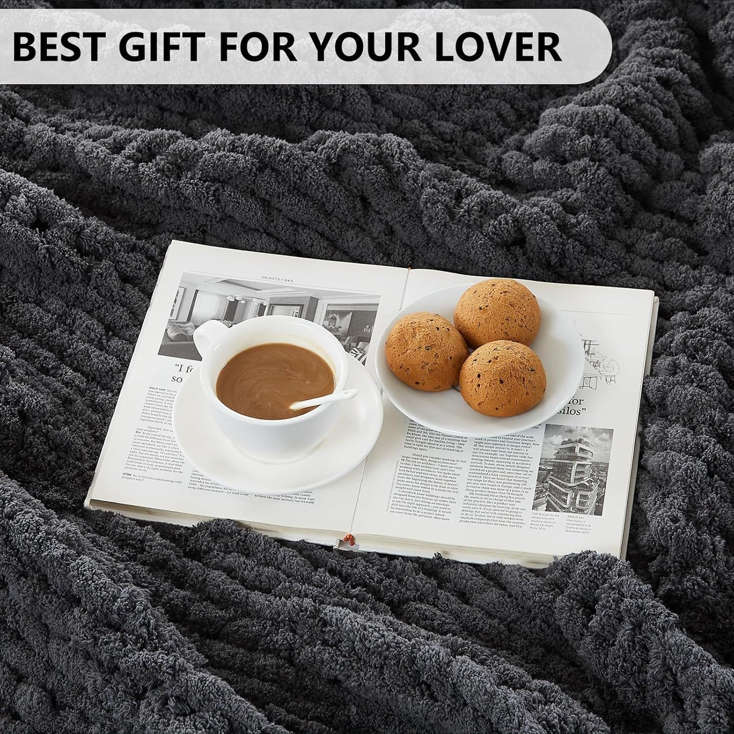 L'AGRATY Chunky Knit Blanket Throw - Soft Throw Blanket 60x80: 100% Hand Kintted Chenile Crochet Throw Blanket for Couch - Large Cable Knit Blanket for Home Decor(Dark Grey)