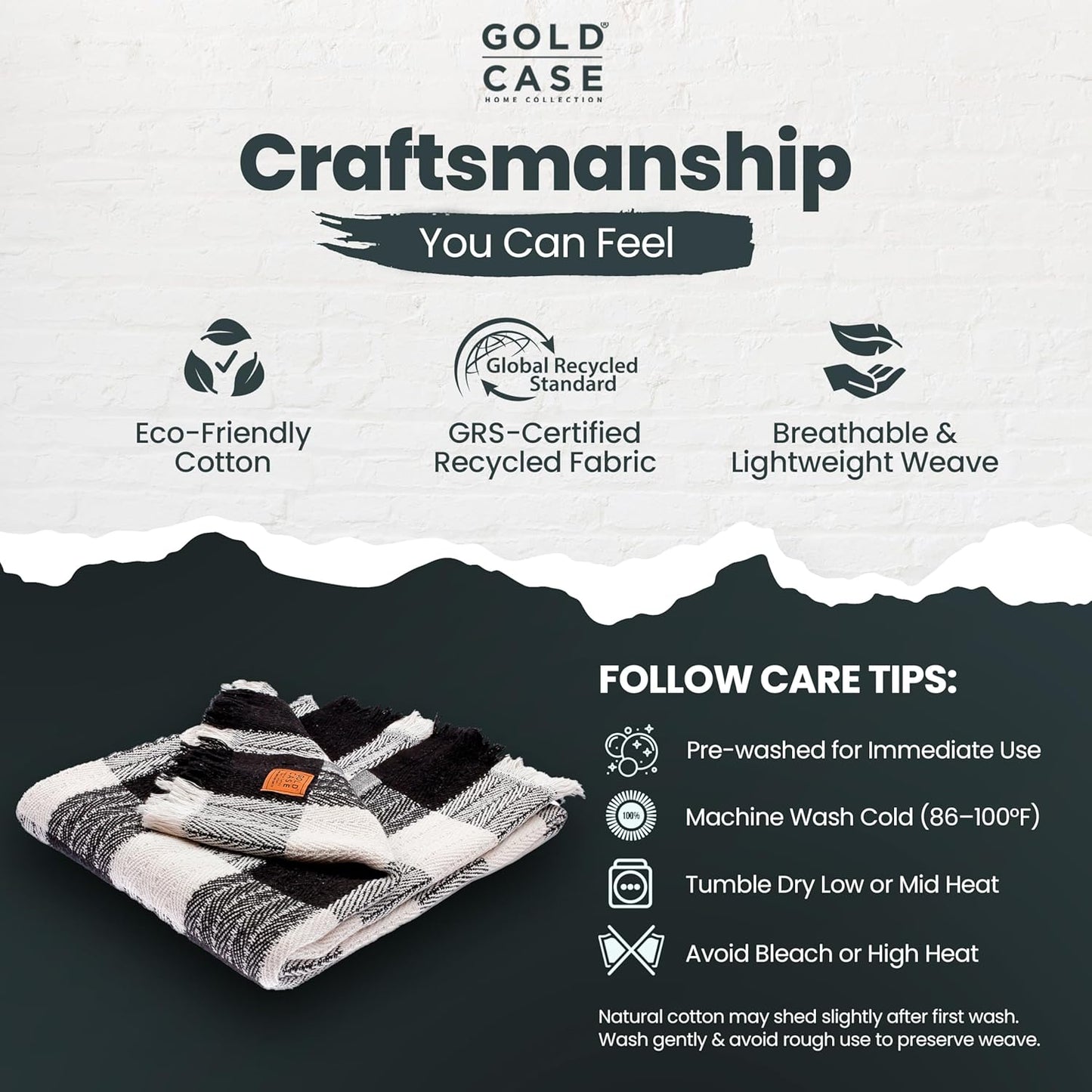 Gold Case Throw Blanket for Couch – 100% Recycled Turkish Cotton Blankets & Throws – Elegant Decorative Throw Blankets for Living Room Sofa – Woven Throws for Couch – Black – 60x80