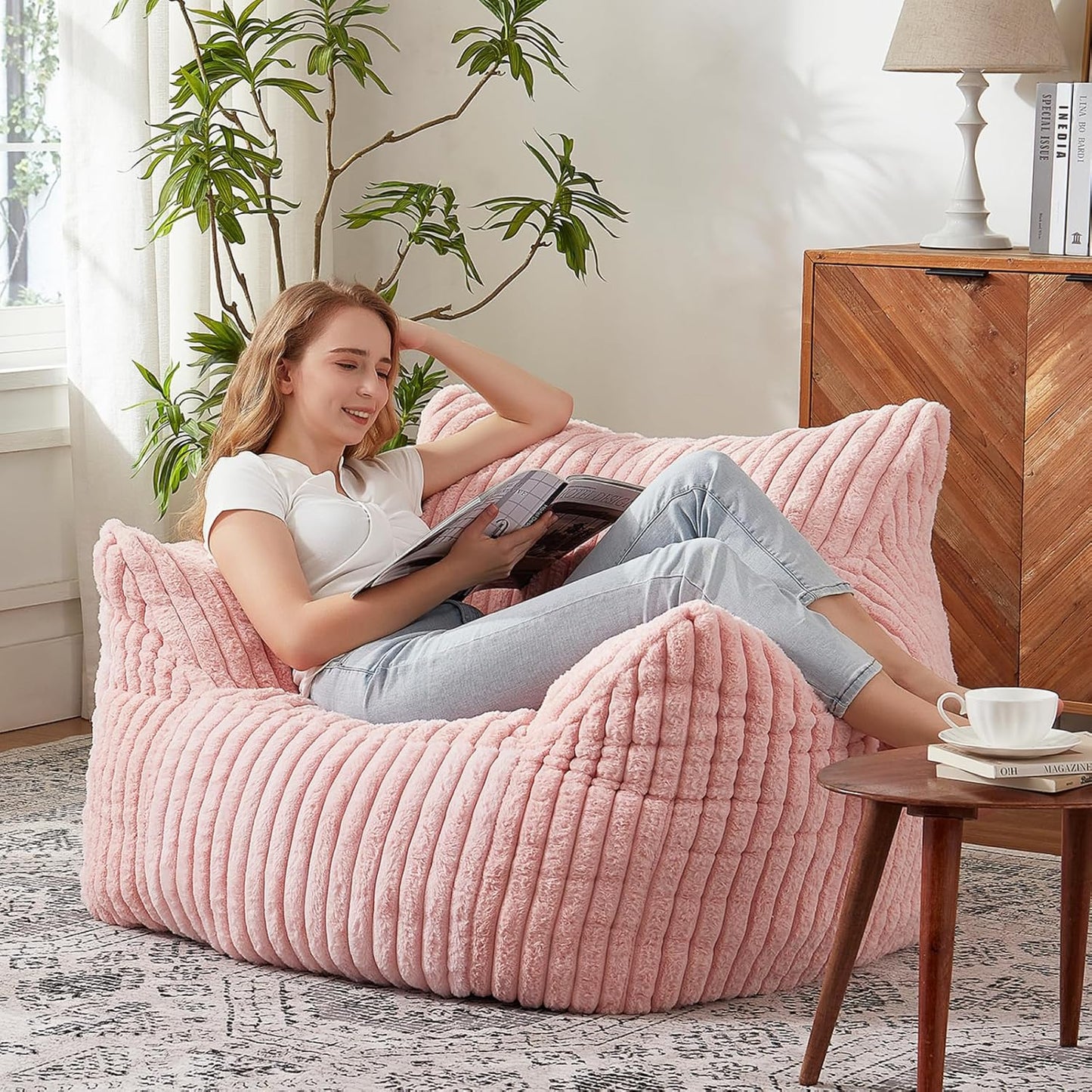 Giant Bean Bag Chairs for Adults with Filling Plush Fluffy Bean Bag Chairs for Teens with Armrests Comfy BeanBag Lazy Couch Sofa Chair for Bedroom Living Room Reading