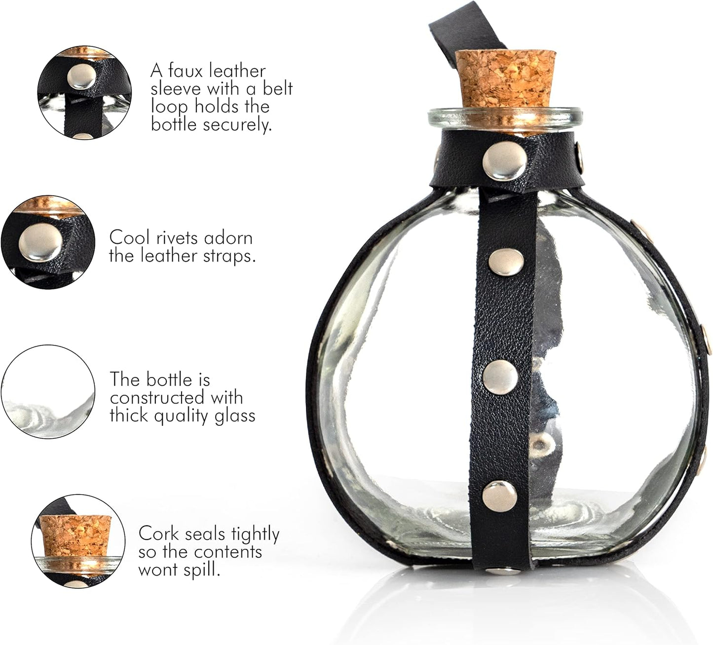 Skeleteen Dark Magic Potion Bottle - Black Wizard Potions Glass Holder with Cork Stopper and Faux Leather Harness with Holster Loop