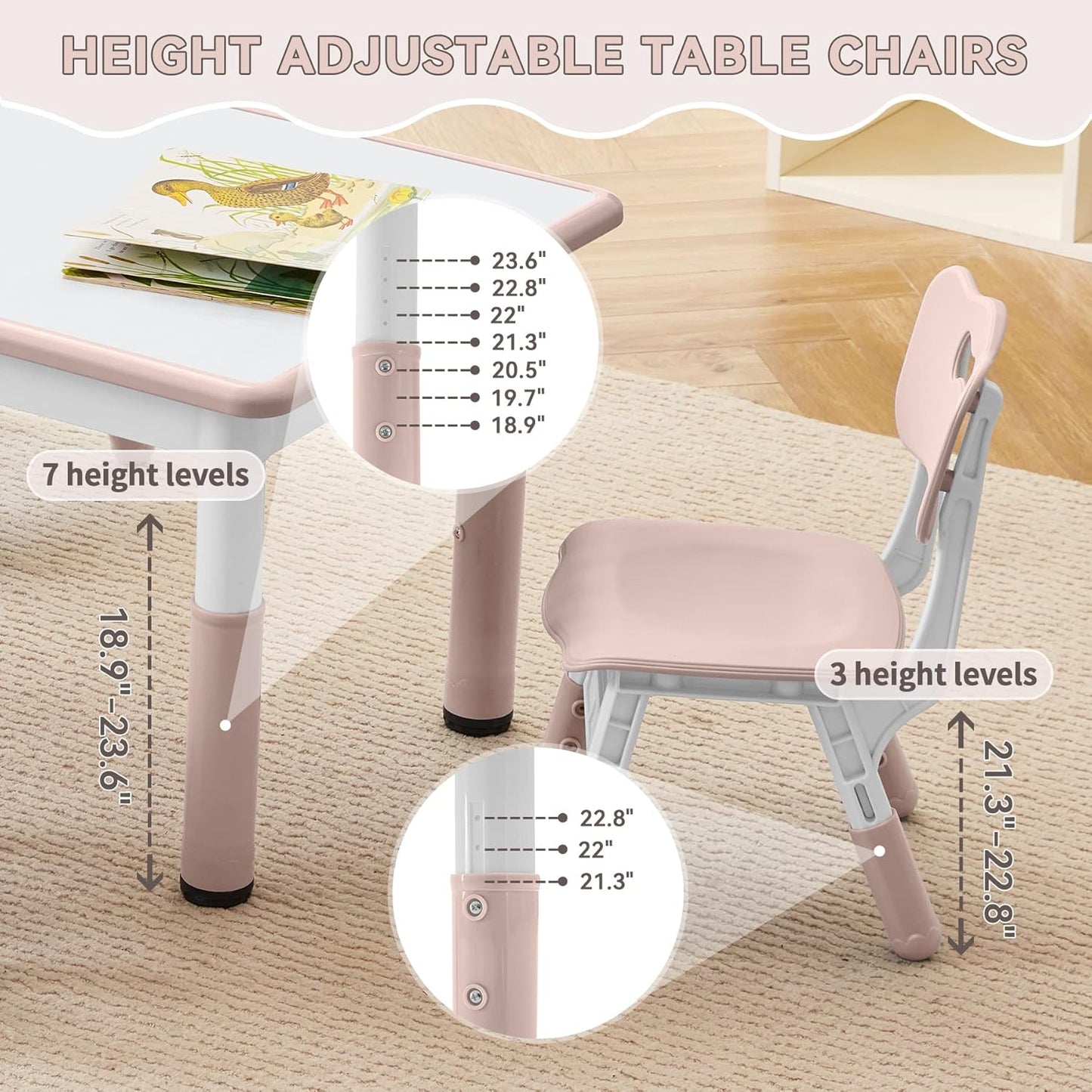 Kids Study Table and Chairs Set, Height Adjustable Toddler Table and Chair Set for Kids Ages 3-8, Graffiti Desktop Plastic Children Art Table with 4 Seats, Lovely Pink