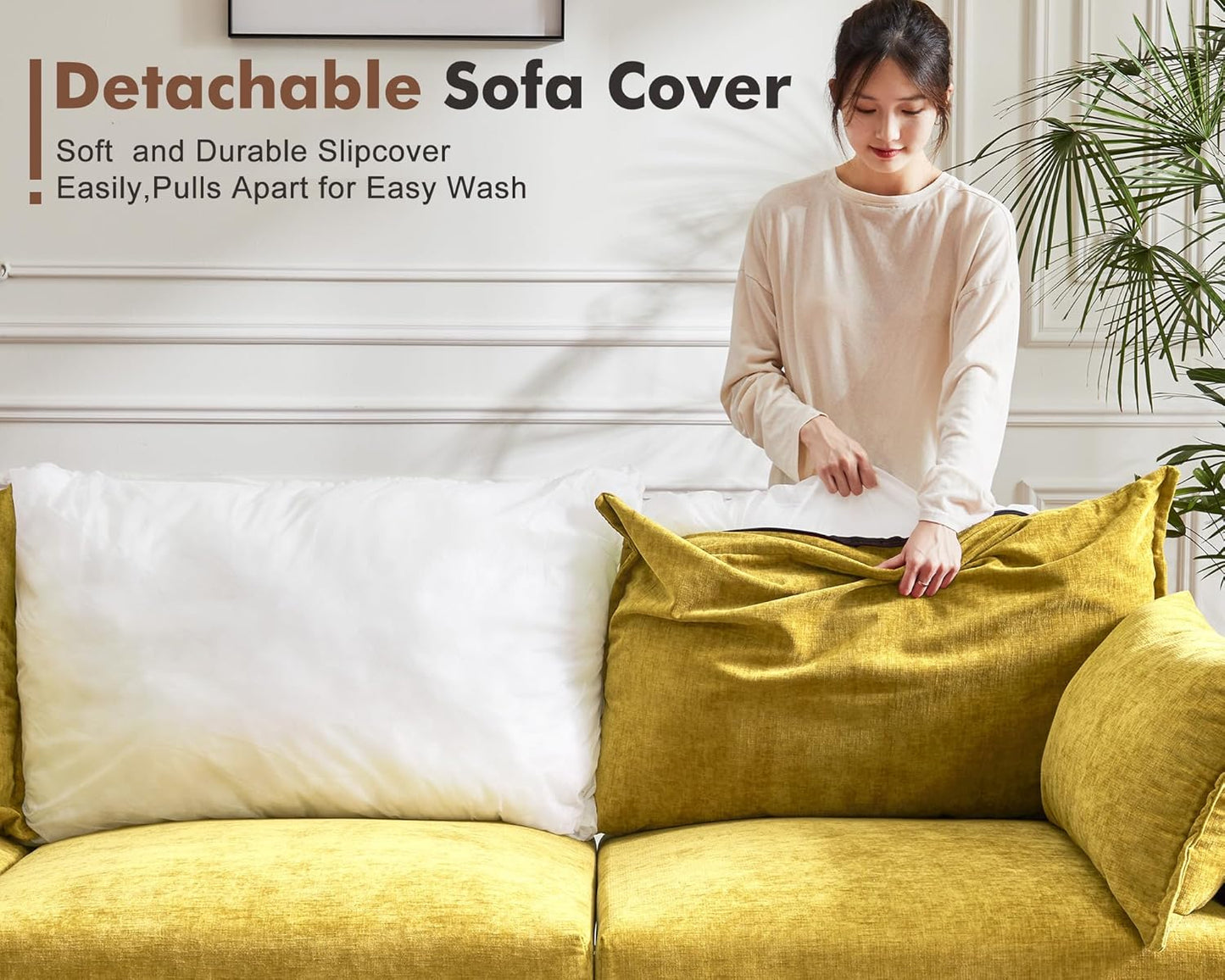 Oversized Loveseat Sofa, Modern Modular Sectional Couch Yellow Fluffy Chenille Mid Century 2-Seat 24.5" Deep Seat for Apartment, Living Room, Bedroom