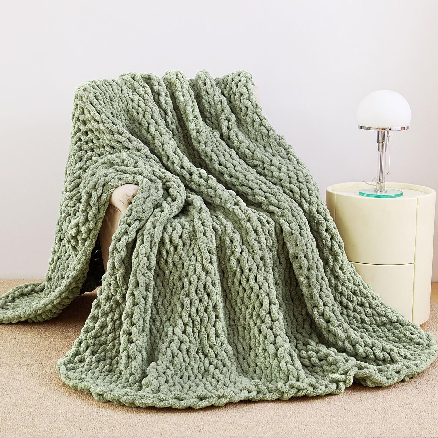 Admitrack Chunky Knit Blanket Throw, 100% Hand Knit Chenille Throw Blanket for Sofa & Home Decor, Soft and Cozy Knitted Throw Blankets (Sage Green，51"x63")