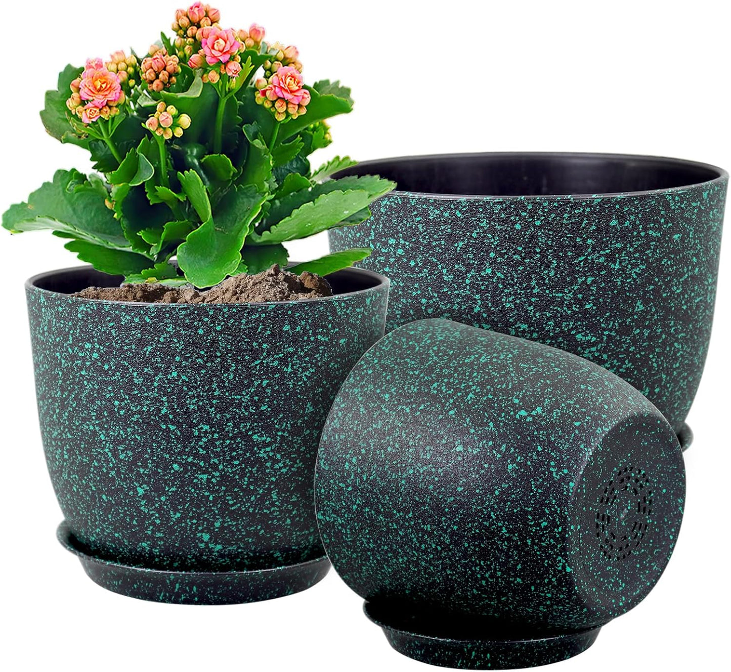 Plant Pots 9/8/7.5inch, Set of 3 Modern Decorative Plastic Planters with Drainage Holes and Saucer for Garden House Plants, Flower Pots for Indoor Outdoor Plants, Black with Green Speckles