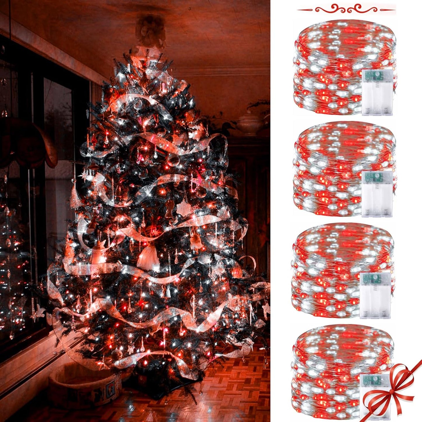 Red and White Bttery Operated Christmas Lights,4 Pack Fairy Lights Battery Operated with Timer,Christmas Tree Lights for Outdoor/Indoor Waterproof,Twinkle Lights for Bedroom Home Christmas Decorations