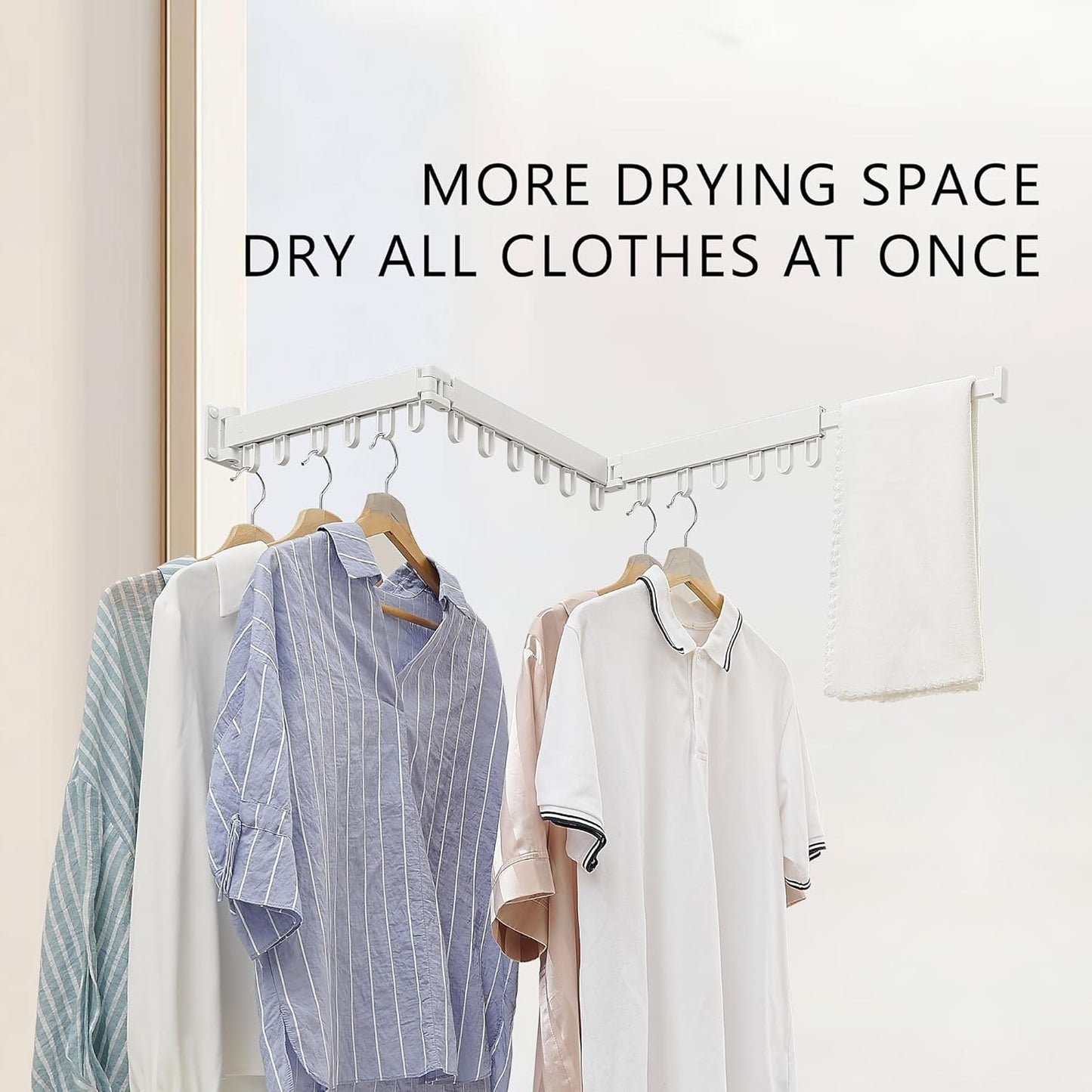 Clothes Drying Rack Wall Mounted, Laundry Drying Rack Collapsible, Space Saving Wall Drying Rack Clothing Foldable, Tri-Fold Retractable Rack Outdoor Indoor with 18 Hooks(White，Loop-Shape Hooks)