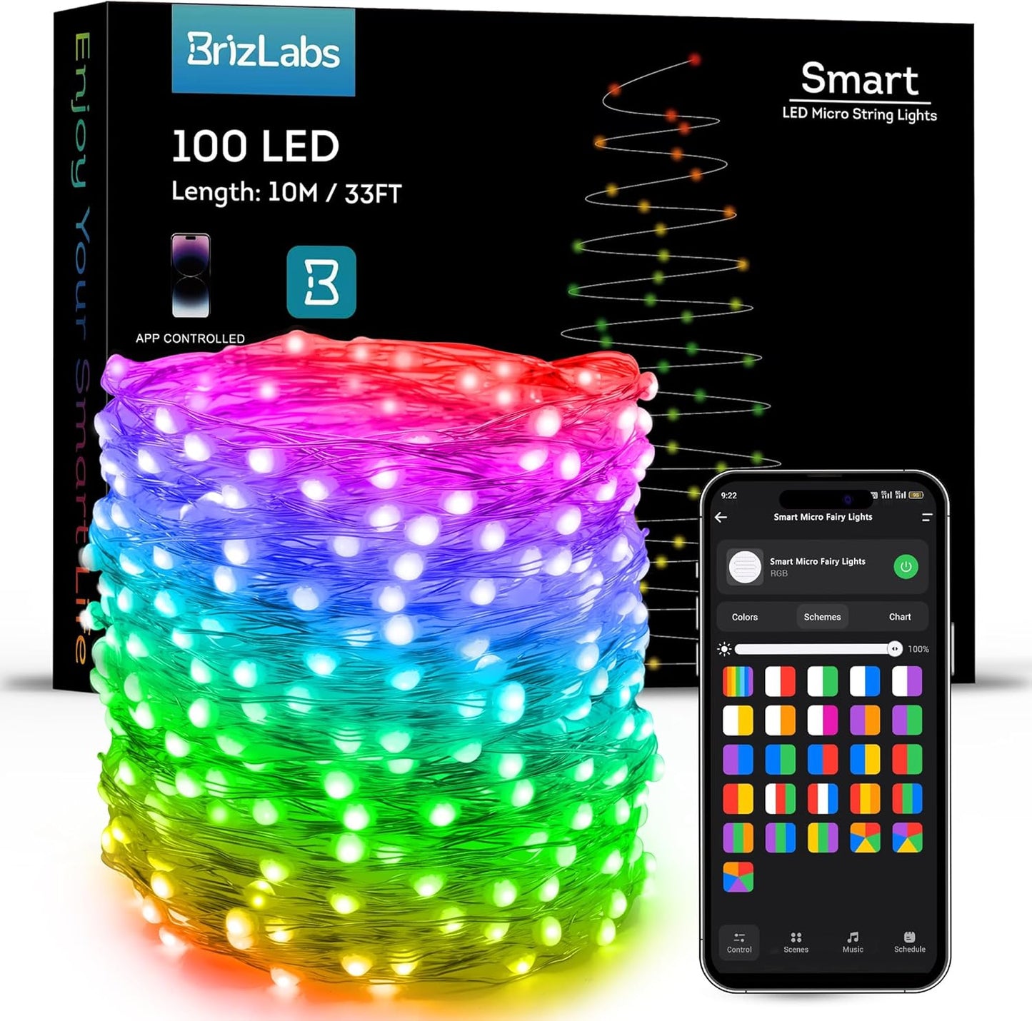 BrizLabs Smart Fairy Lights, 33ft 100 LED Color Changing Fairy Lights Work with Alexa/Google Home, WiFi Rainbow Christmas Light Dimmable RGB Twinkle Starry Light for Christmas Tree Home Party Decor