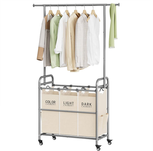 Tajsoon Laundry Hamper with Hanging Rack, 3 Section Laundry Sorter with Heavy Duty Lockable Wheels, Laundry Basket Organizer for Dirty Clothes Storage, 3 Beige