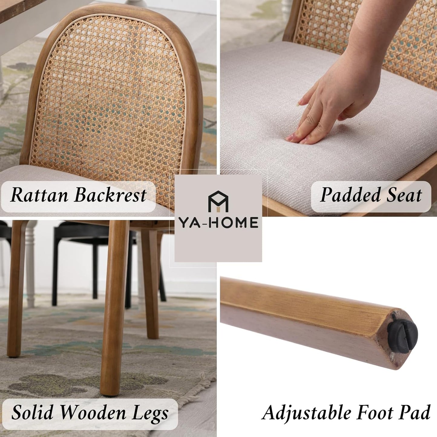 Mid Century Dining Chairs Set of 4, Accent Rattan Linen Fabric Side Chairs Kitchen Chair with Solid Wooden Legs for Living Room Dining Room, Beige