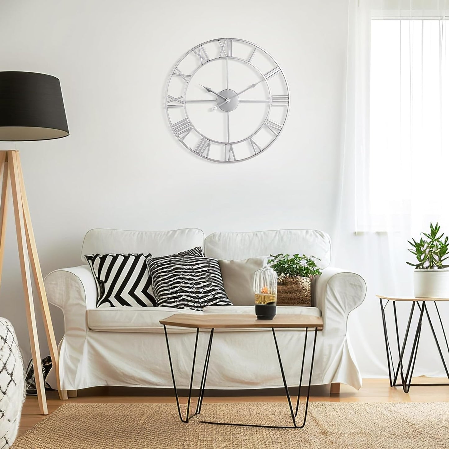 Large Wall Clock - 80cm/ 32 Inches, Silver, Non-Ticking, Battery Operated, Vintage Modern Wall Clock for Living Room, Bedroom, Office, Farmhouse Decor