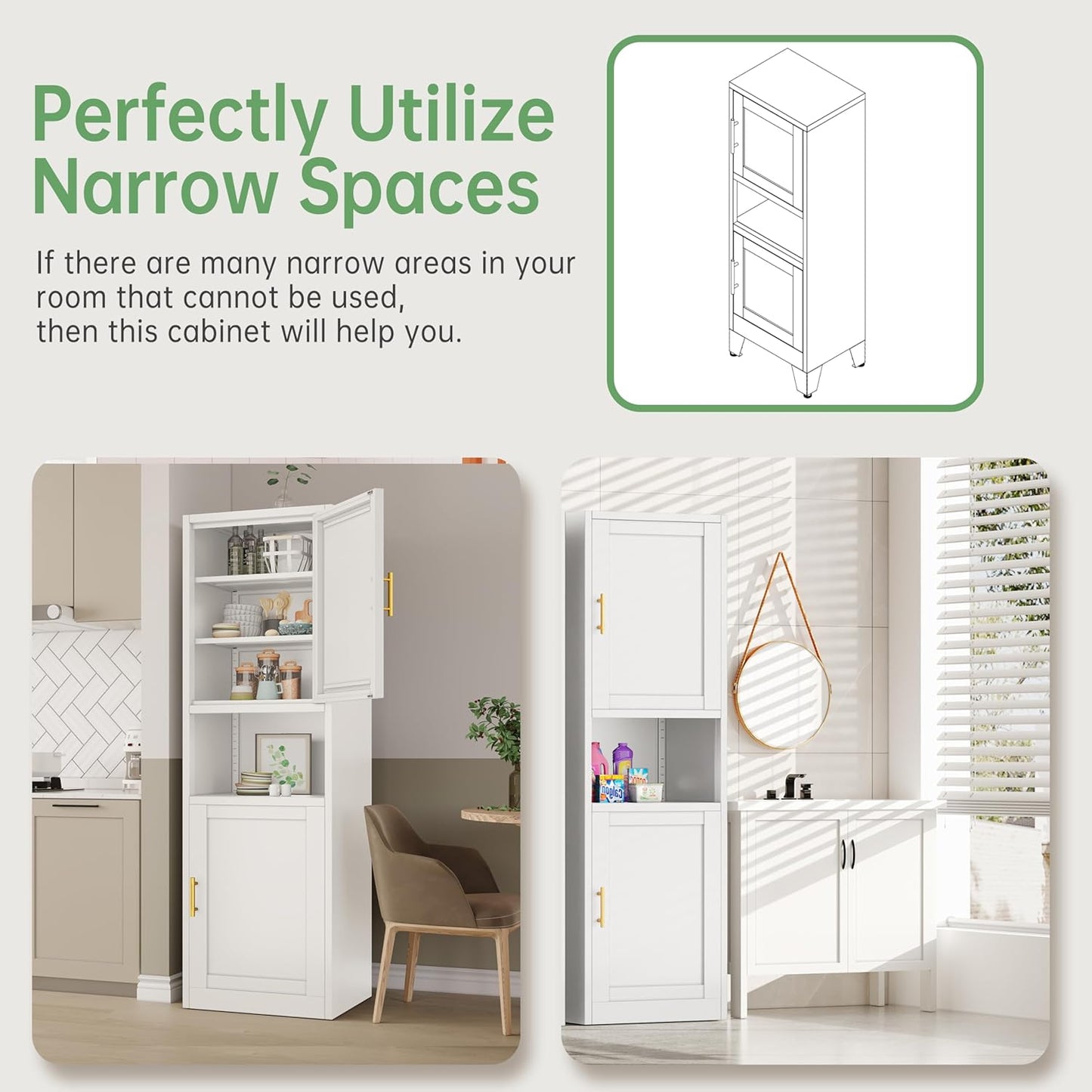 Tall Narrow Storage Cabinet 66.93" H Tall Bathroom Cabinet Metal Pantry Cabinets, 4 Adjustable Shelves for Kitchen, Home Office, Living Room, Dinning Room (20 inches Wide White)