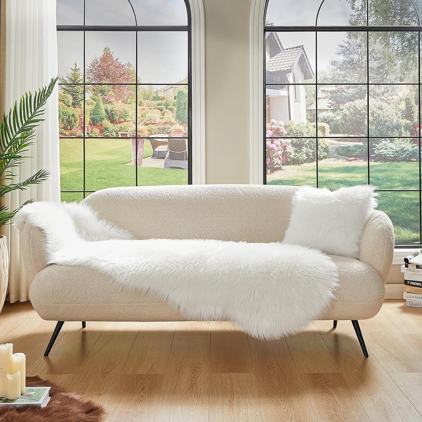 AMTOVO Faux Sheepskin Rug, White Ultra Soft Fluffy Shag Area Rug, 2 x 6 ft Faux Fur Rug for Bedroom Sofa Throw Cushion Room Decor, Sheepskin