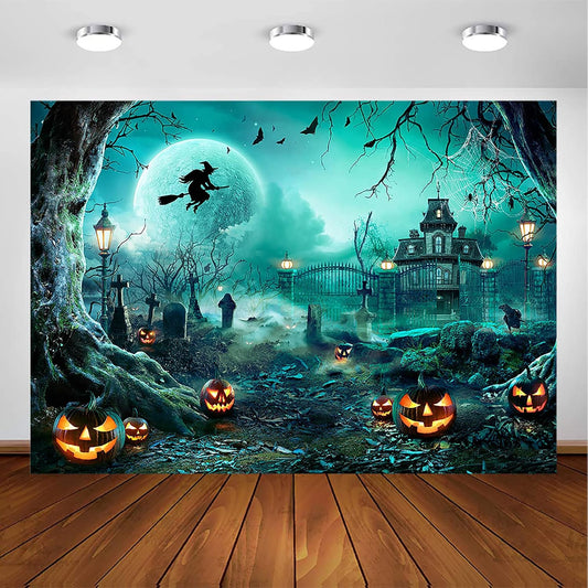 Avezano Halloween Photography Backdrop Full Moon Scary Night Castle Pumpkins Party Background Spooky Witch Bats Cemetery Child Kids Halloween Party Decorations Photoshoot Backdrops (8x6ft, Green)