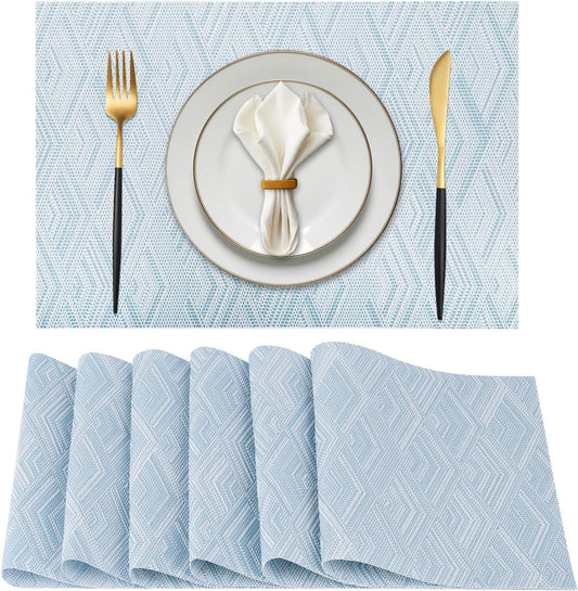 Vinyl Plastic Placemats Set of 6 Washable Heat Resistant Non-Slip Elegant Indoor Outdoor Kitchen Dining PVC Woven Table Place Mats (Sky Blue Rhombus)