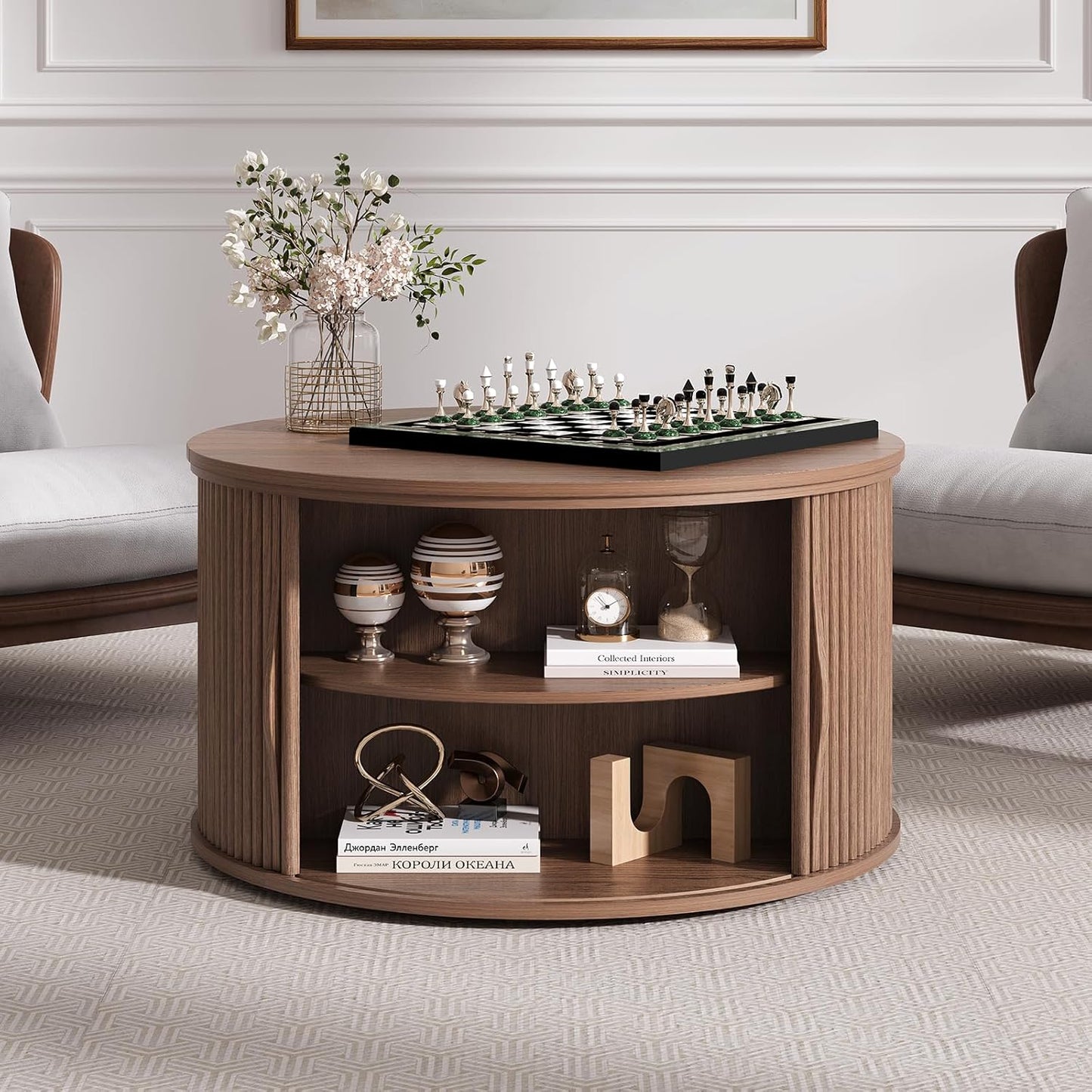 Round Coffee Table with Lifting Top,31.5”Mid Century Modern Lift Top Coffee Table with Hidden Compartment,Fluted Small Center Table for Living Room,Walnut