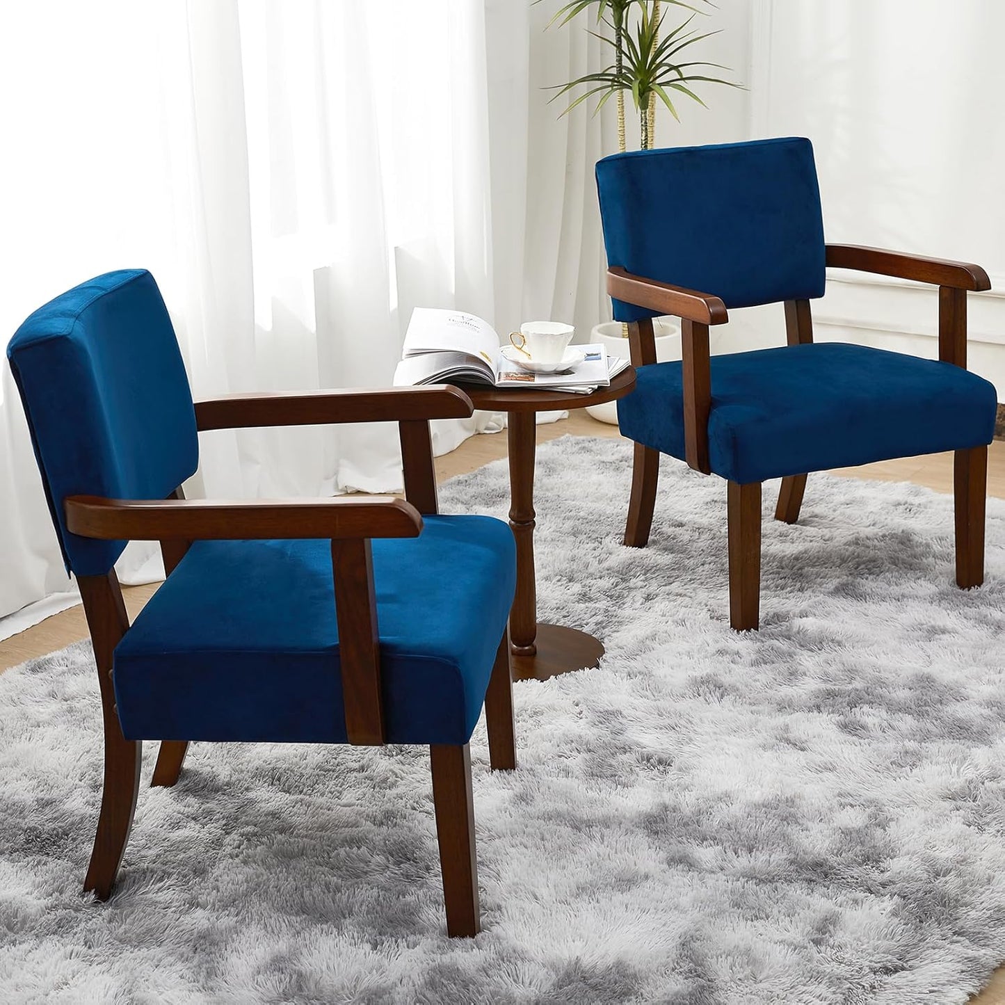 Accent Chair Set of 2 with Table, Living Room Chairs with Velvet Soft Seat & Armrests for Living Room Bedroom Reading Room Waiting Room (Velvet Navy)