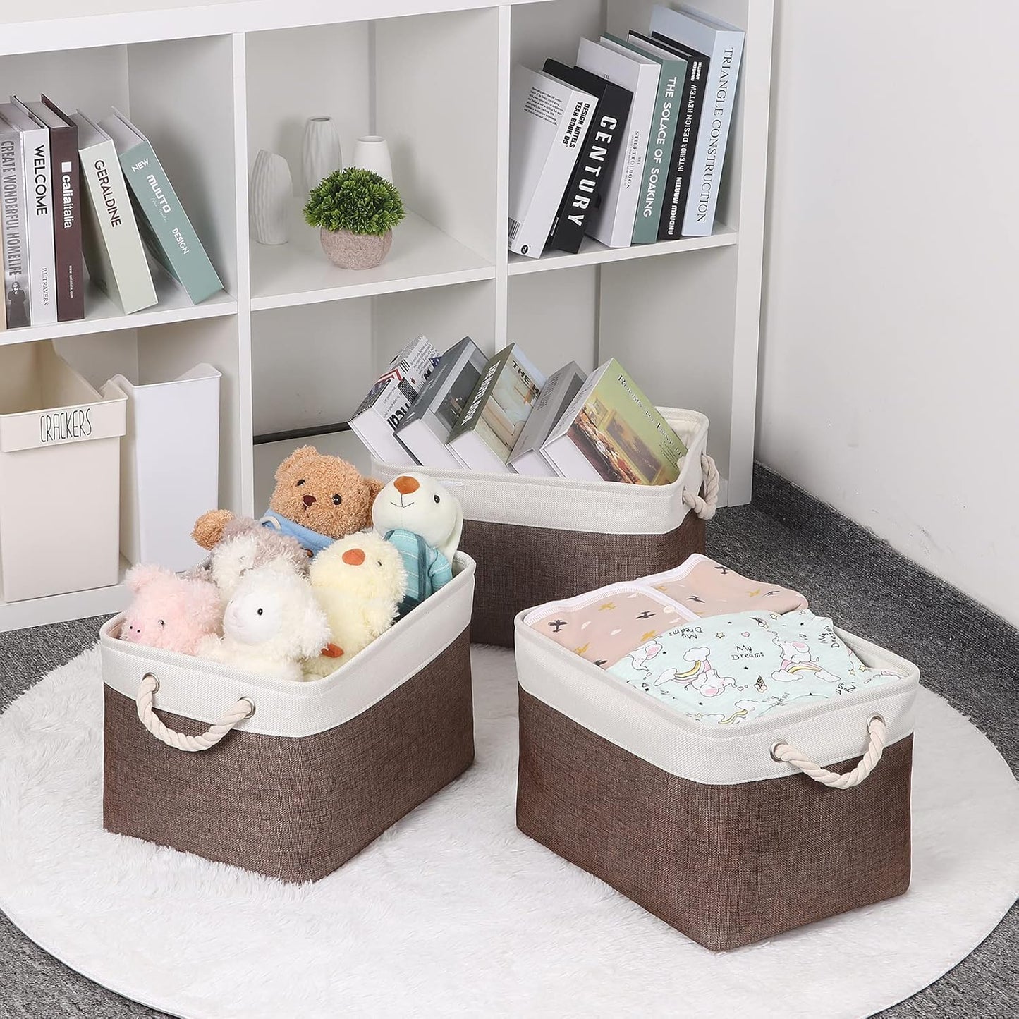 Bidtakay Baskets Fabric Storage Bins for Shelves [3-Pack] Decorative Storage Baskets for Organizing 15 X 11 X 9.5 inches Nursery Closet Foldable Toy Storage Closet Organizer Brown