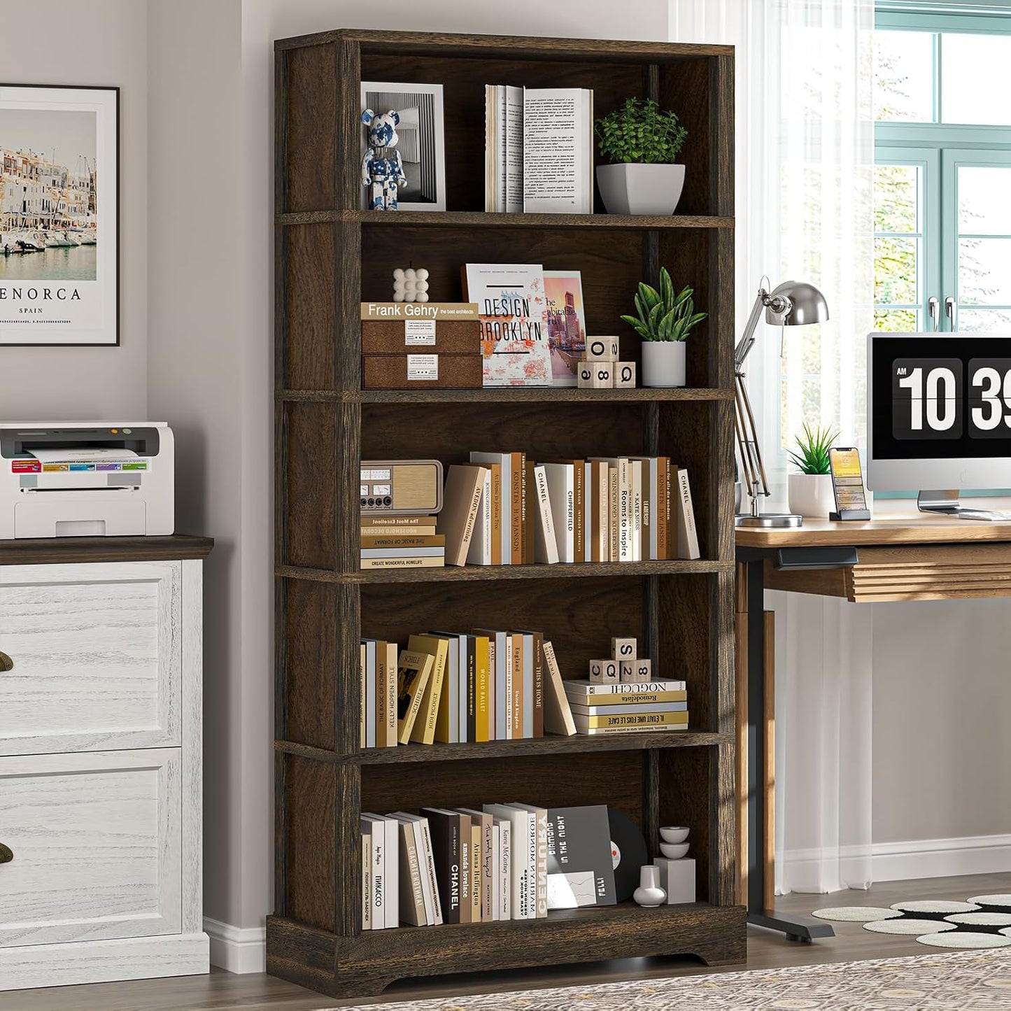 TVU 5-Shelf Wood Bookcase, 65 Inch Tall Bookshelf with Storage, Floor Standing Display Book Shelf, for Living Room Bedroom Study Office, Rustic Brown