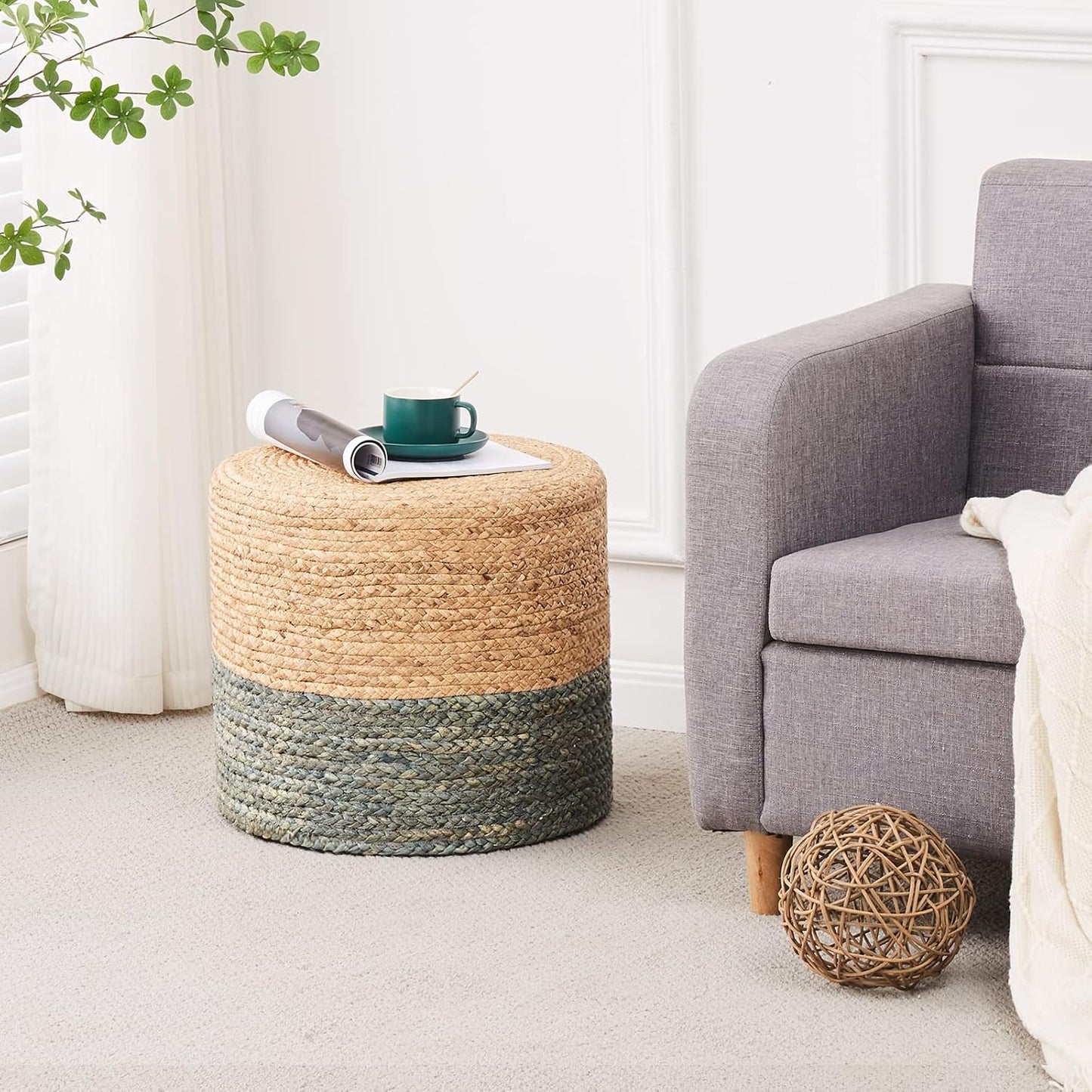 Wimarsbon 18'' Ottoman Pouf, Natural Braided Poof, Rustic Handweave Lounge Pouffe, Boho Footrest Stool for Bedroom, Accent Table or Seat for Living Room (Dusty Blue)