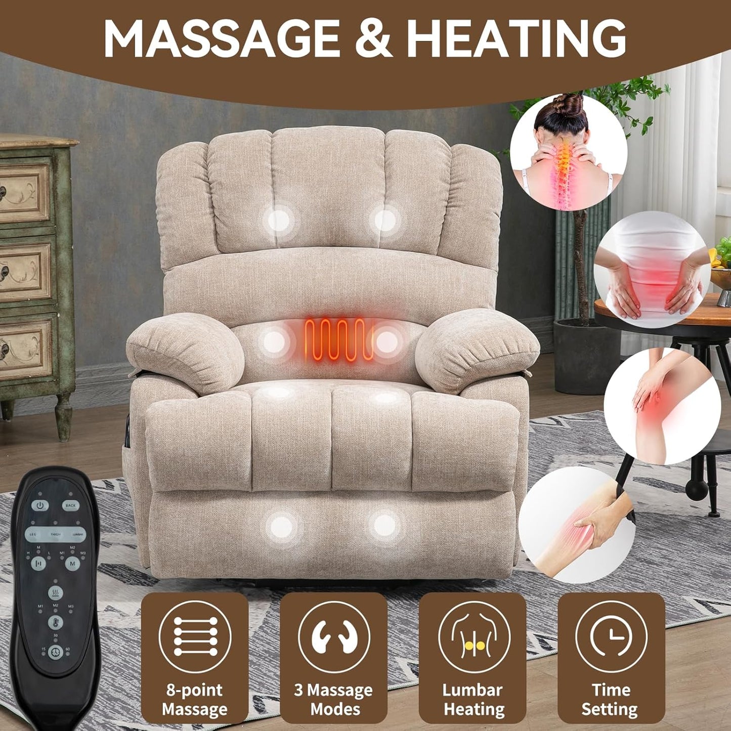 Large Power Lift Recliner Chair with Massage and Heat for Elderly, Ergonomic Backrest, Infinite Adjust, 2 Side Pockets,USB and Type-C Ports, Chenille Beige