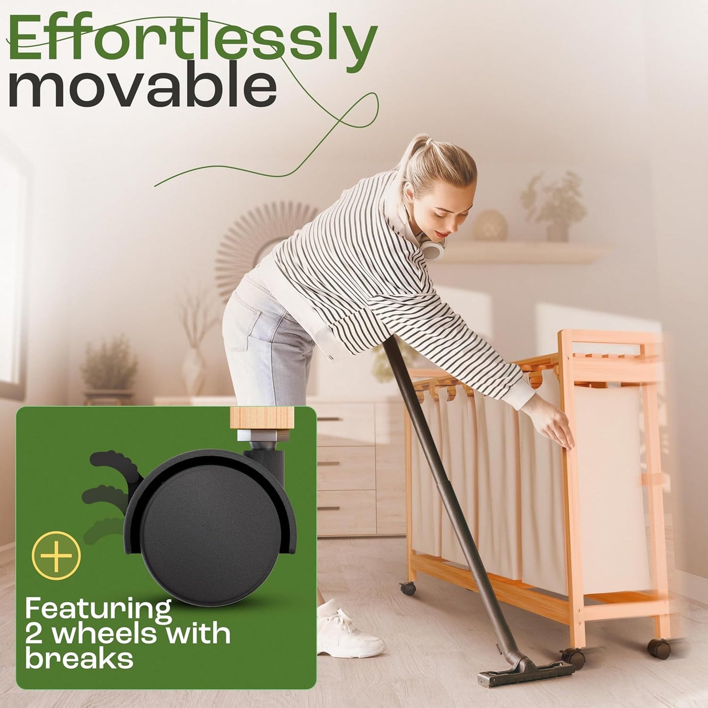 Laundry Sorter with 4 Sections beige, Hamper with Removable Cotton Bags & Wheels – Perfect Laundry Organizer - Eco-Friendly Rolling Laundry Basket – Durable Bamboo and Stylish Design