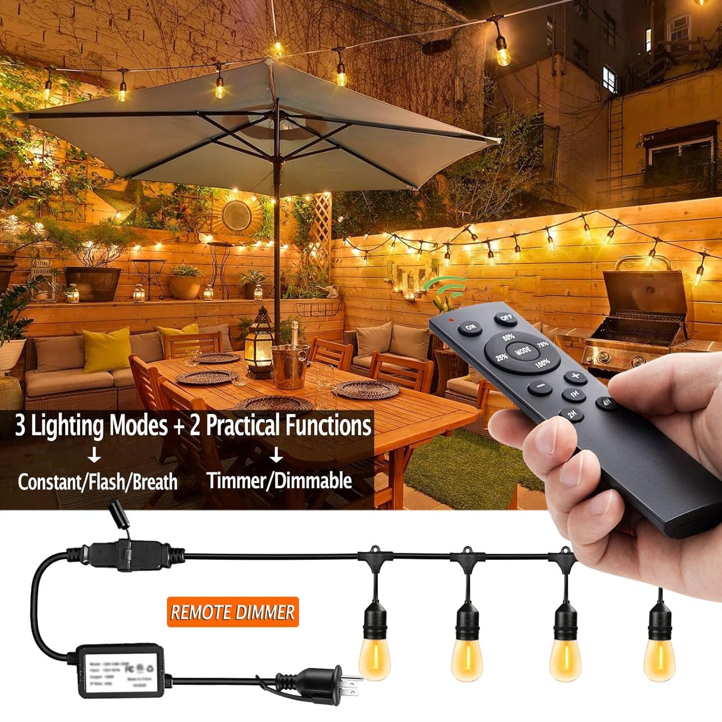 190FT Remote Controlled Outdoor String Lights Patio String Lights for Outside, 60+3 Shatterproof S14 Warm Lights String Outdoor for Bistro Café Gazebo Backyard, Linkable, 2 Pack