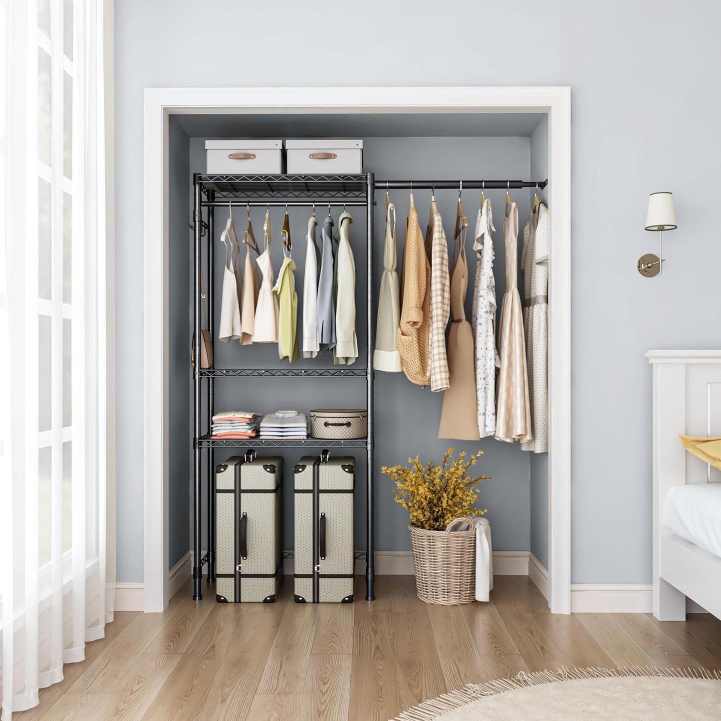 Over Washer and Dryer Shelves,3 Tier Adjustable Wire Shelving Laundry Room Storage Organization Clothes Drying Rack with Mounted on the Wall Expandable Hanger Rods&Hook,55"~74.5"Wx13.4"Dx77"H