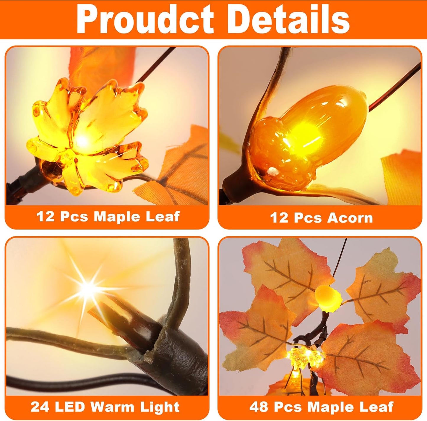 2 Pack 24 Inch Prelit Fall Maple Tree Fall Decor with 48 LEDs Timer Battery Operated Artificial Fall Light Up Tree Maple Acorn for Fall Thanksgiving Decorations Table Home Office Indoor Autumn Harvest