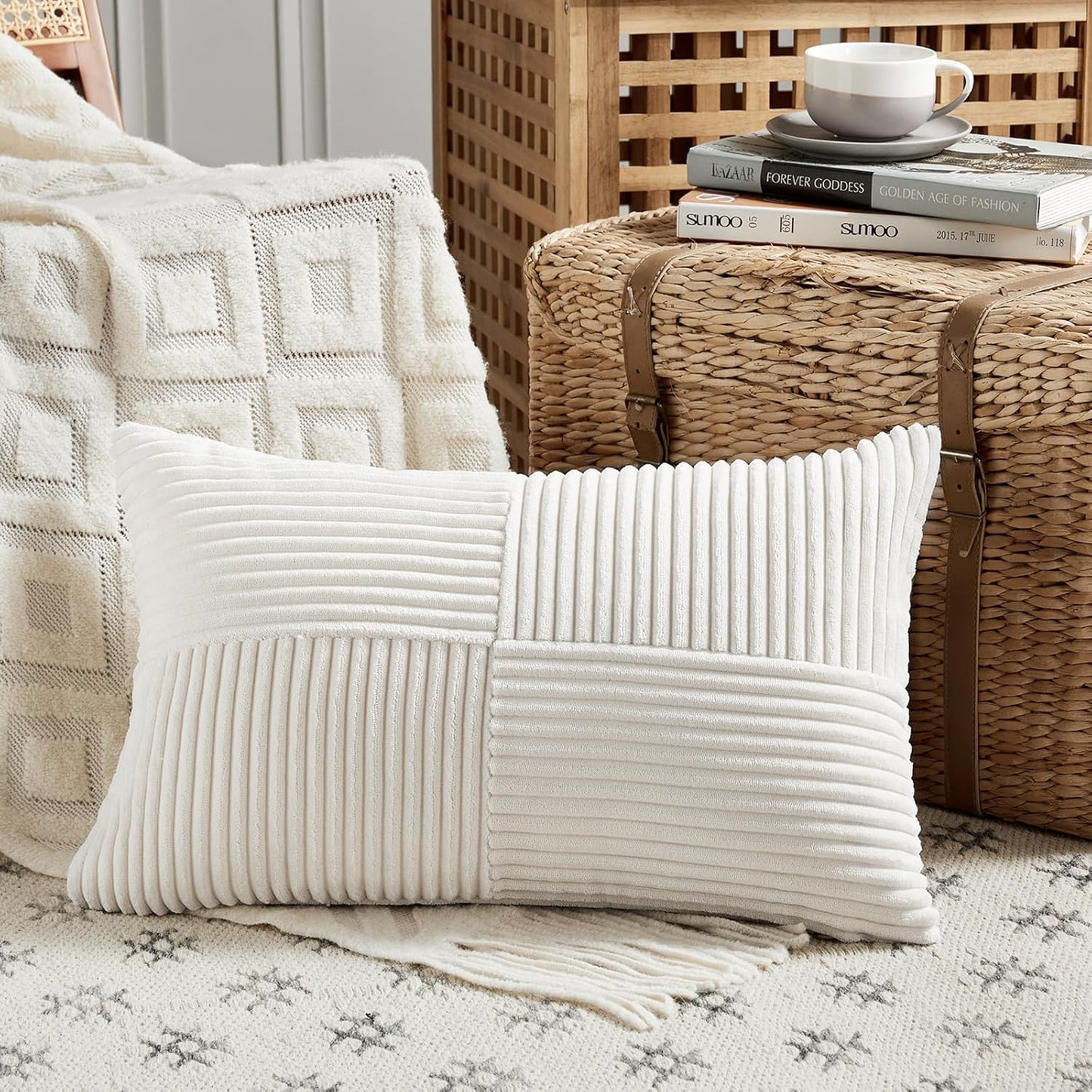 Fancy Homi 2 Packs Cream White Lumbar Decorative Throw Pillow Covers 12x20 Inch for Couch Bed Sofa, Rustic Farmhouse Boho Home Decor, Soft Striped Corduroy Rectangle Accent Cushion Case 30x50 cm