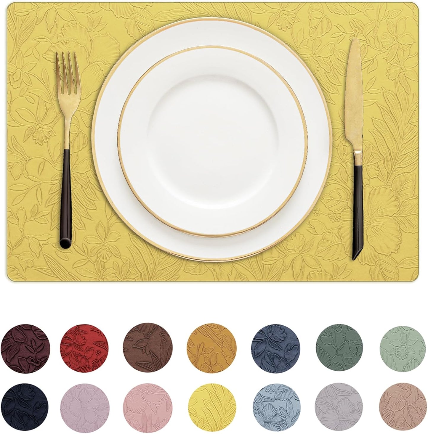 Romanstile Vinyl Placemats Set of 6-12 X 18 Inch - Heat Resistant Non-Slip Embossed Floral Place Mats 100% Waterproof Oilproof Wipeable Faux Leather Table Mats for Kitchen/Dining/Party, Yellow